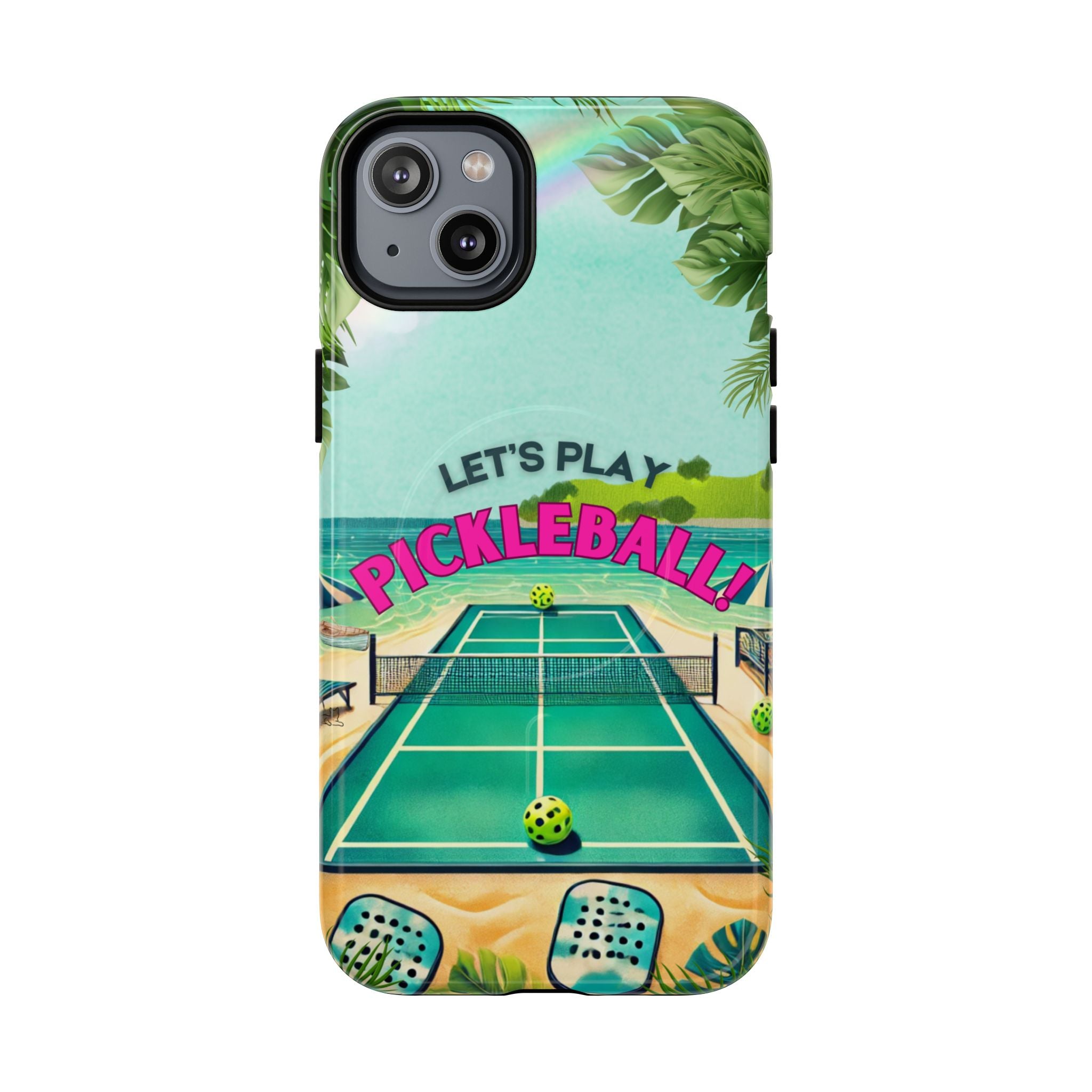 Tough Magnetic Phone Case for iPhone 14, Tropical Pickleball Case Compatible with MagSafe® Wireless Charging Gift for Players