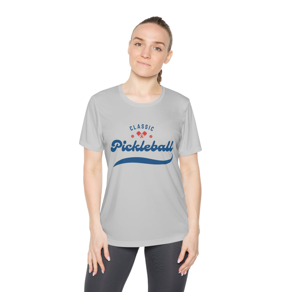 Women's Moisture Wicking Performance Pickleball T-Shirt, Classic Red & Blue Retro Design, Gift for Players