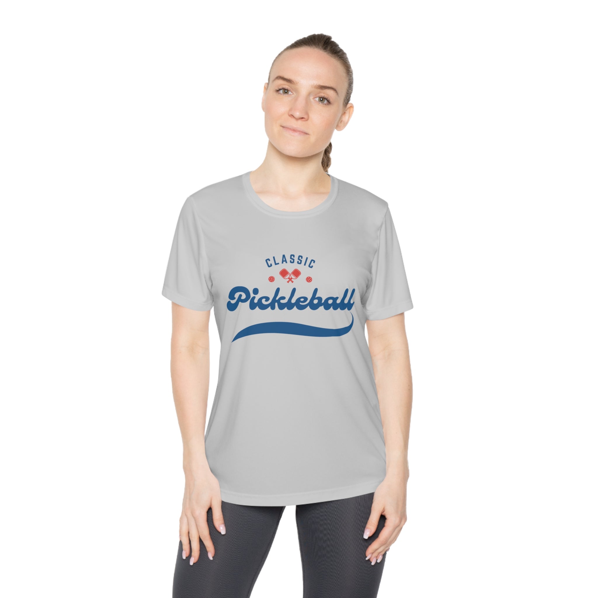 Women's Moisture Wicking Performance Pickleball T-Shirt, Classic Red & Blue Retro Design, Gift for Players