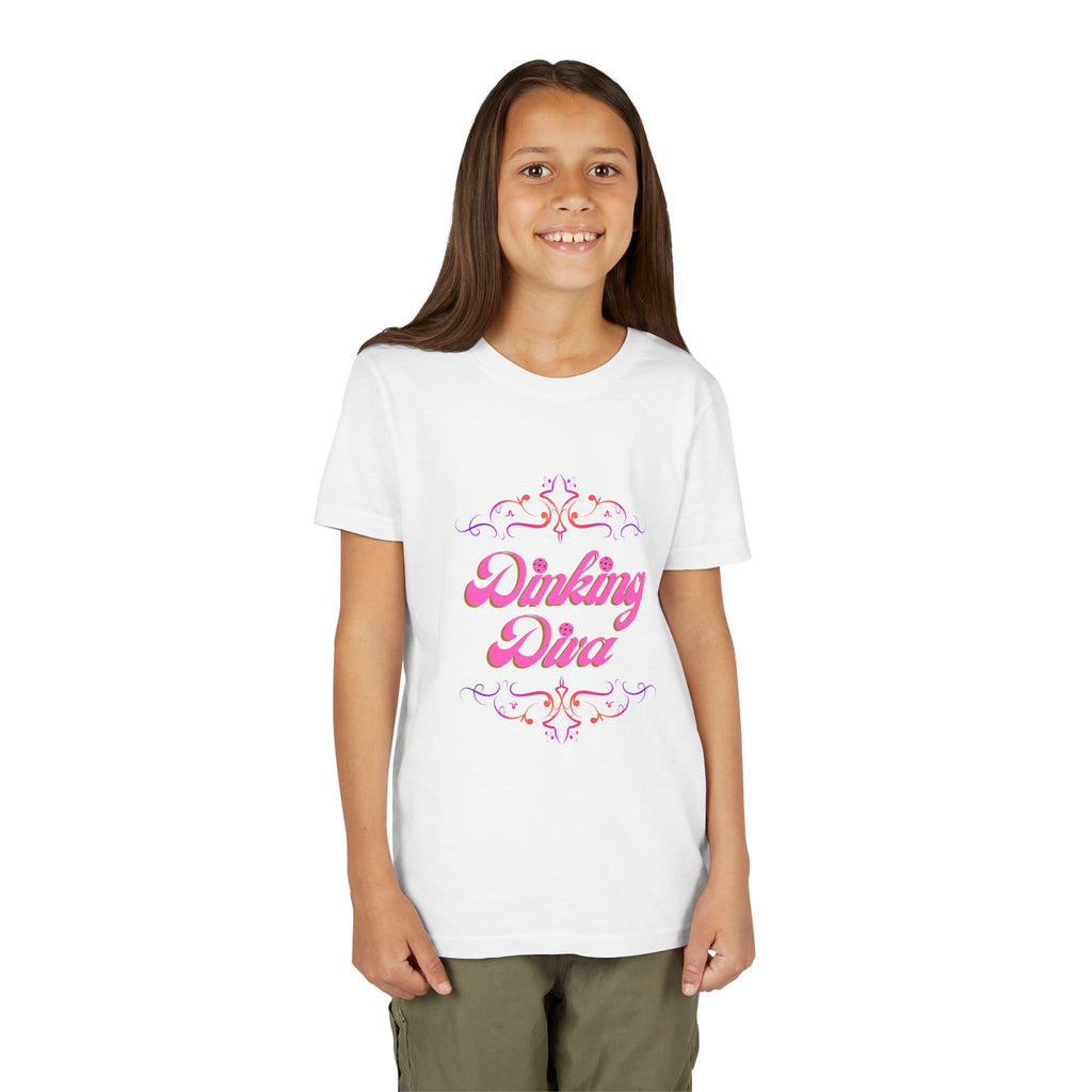 Dinking Diva Fun Youth Kids T-Shirt for Pickleball, Parties, Birthdays, and Everyday Wear, Pink Lettering, Gift for Girls