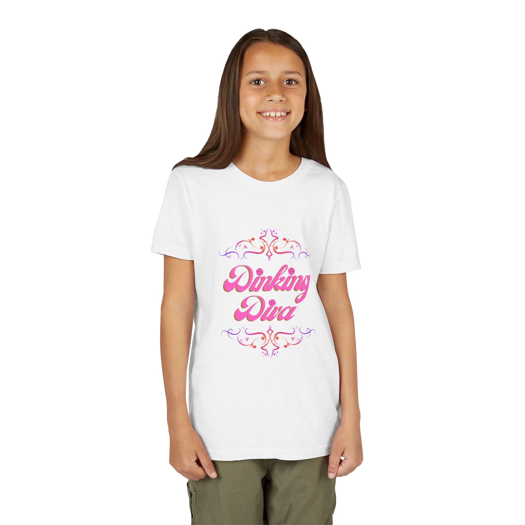 Dinking Diva Fun Youth Kids T-Shirt for Pickleball, Parties, Birthdays, and Everyday Wear, Pink Lettering, Gift for Girls