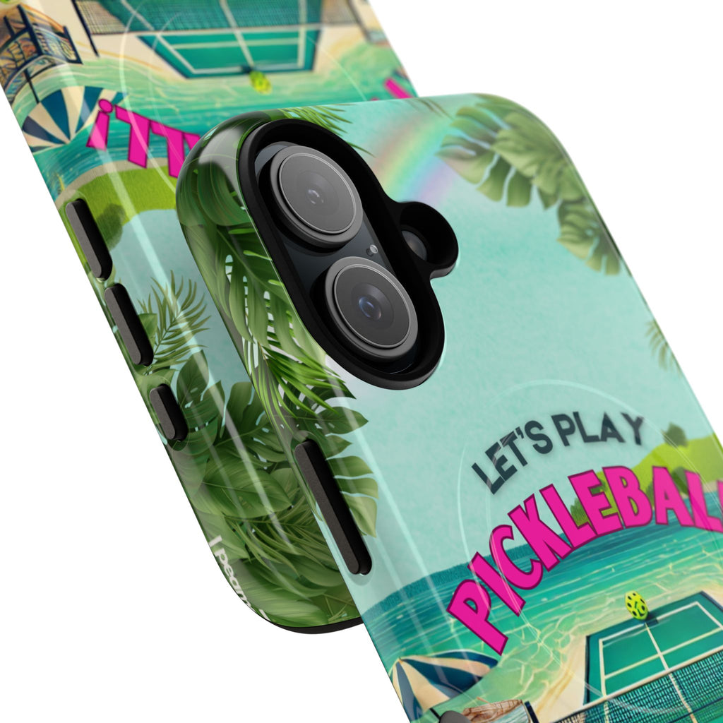 Tough Magnetic Phone Case for iPhone 16 Tropical Pickleball Case Compatible with MagSafe® Wireless Charging, Player Gift