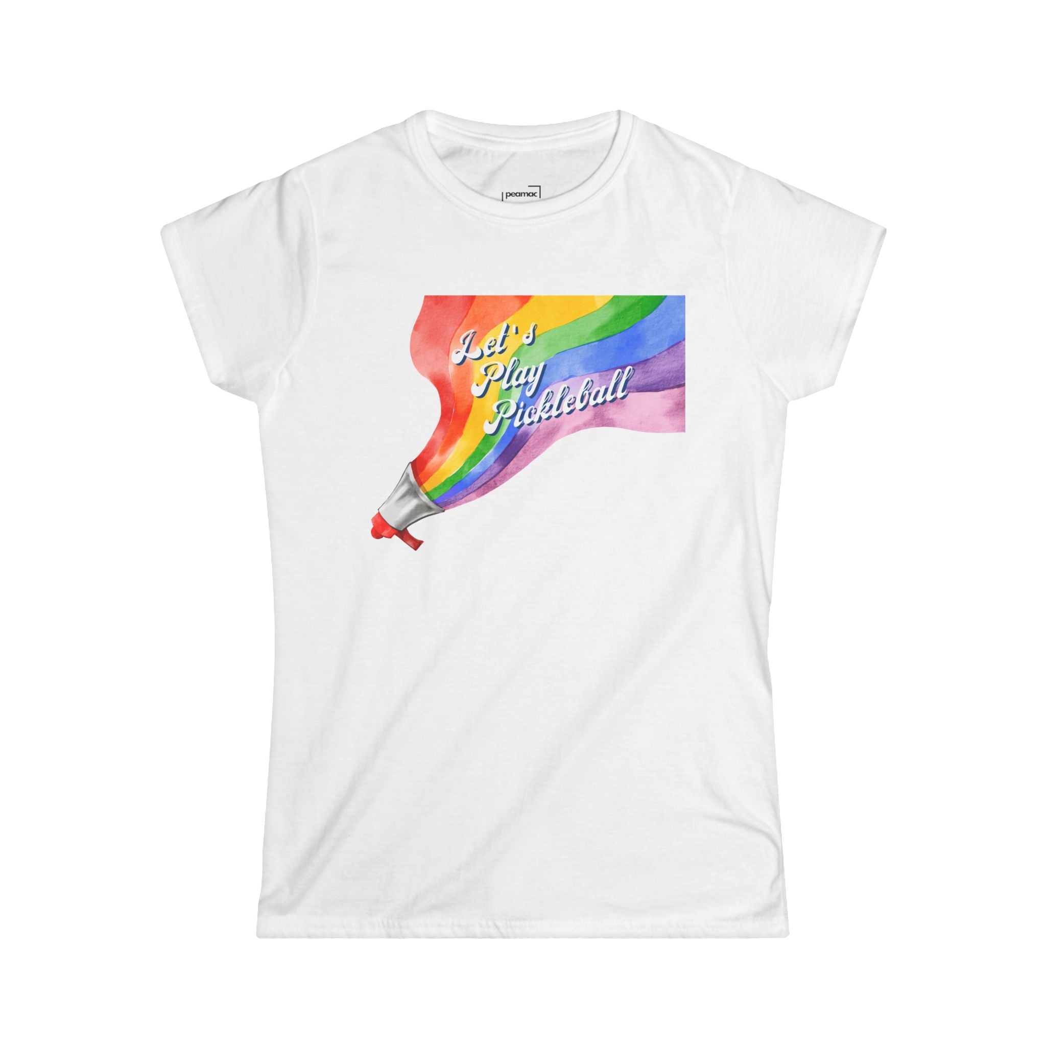 Shout It Out Proud – Let’s Play Pickleball Women's Softstyle T-Shirt, LGBTQ+ Rainbow Megaphone Design, Inclusive