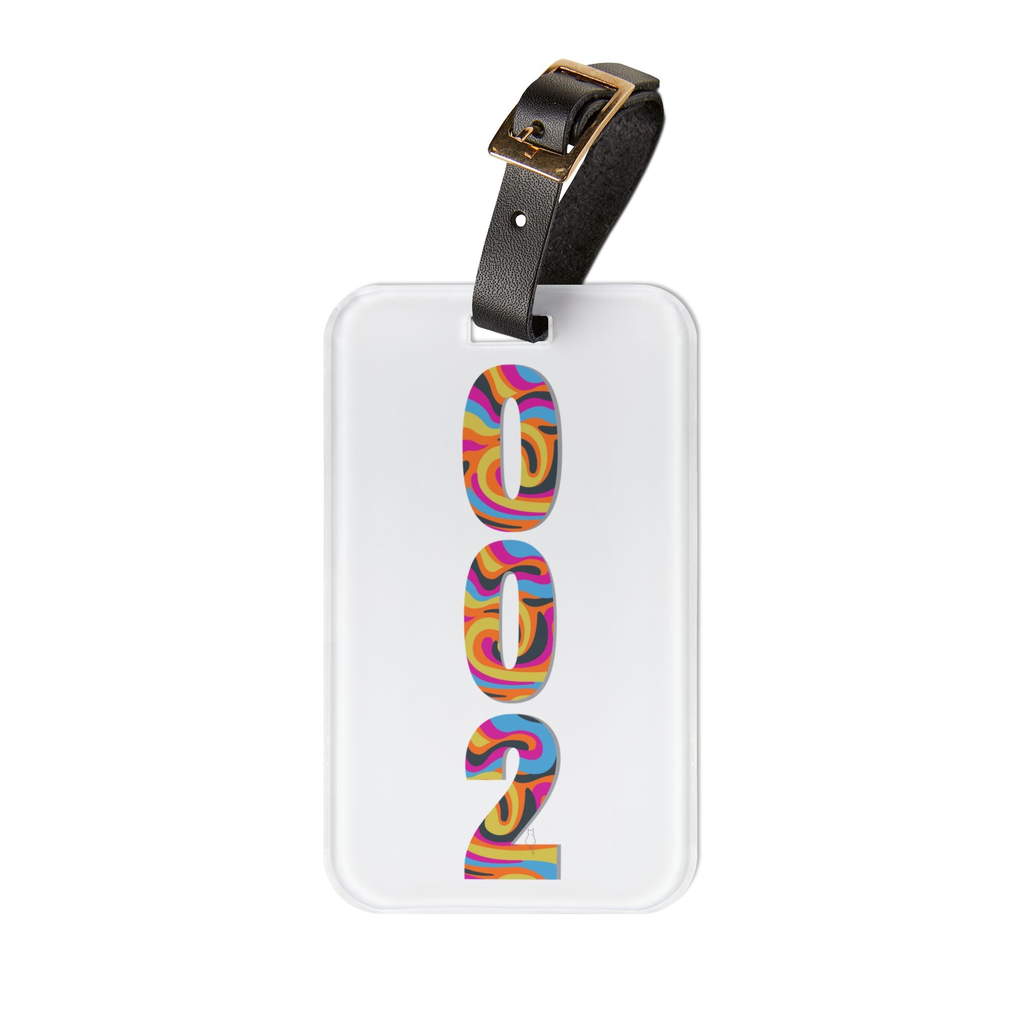 002 Pickleball Luggage Tag | Leather Strap with Buckle | 4 x 2.4 inches | White with Retro Psychedelic Numbers | Court ID