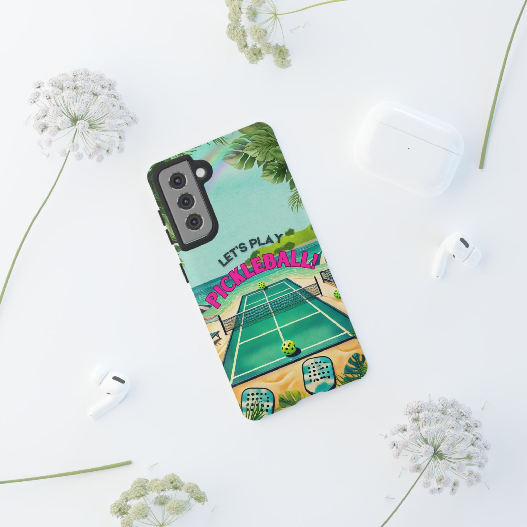 Tough Dual Layer Phone Case for Samsung Galaxy S21 Tropical Pickleball Case Supports Wireless Charging, Gift for Players