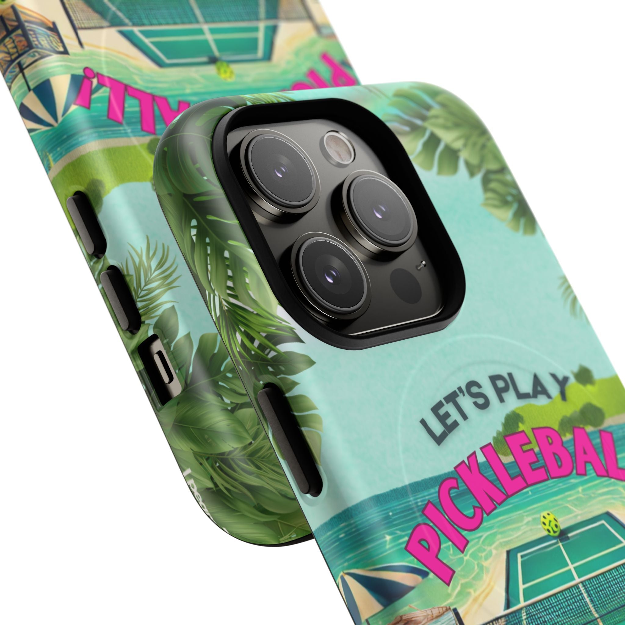 Tough Magnetic Phone Case for iPhone 14, Tropical Pickleball Case Compatible with MagSafe® Wireless Charging Gift for Players