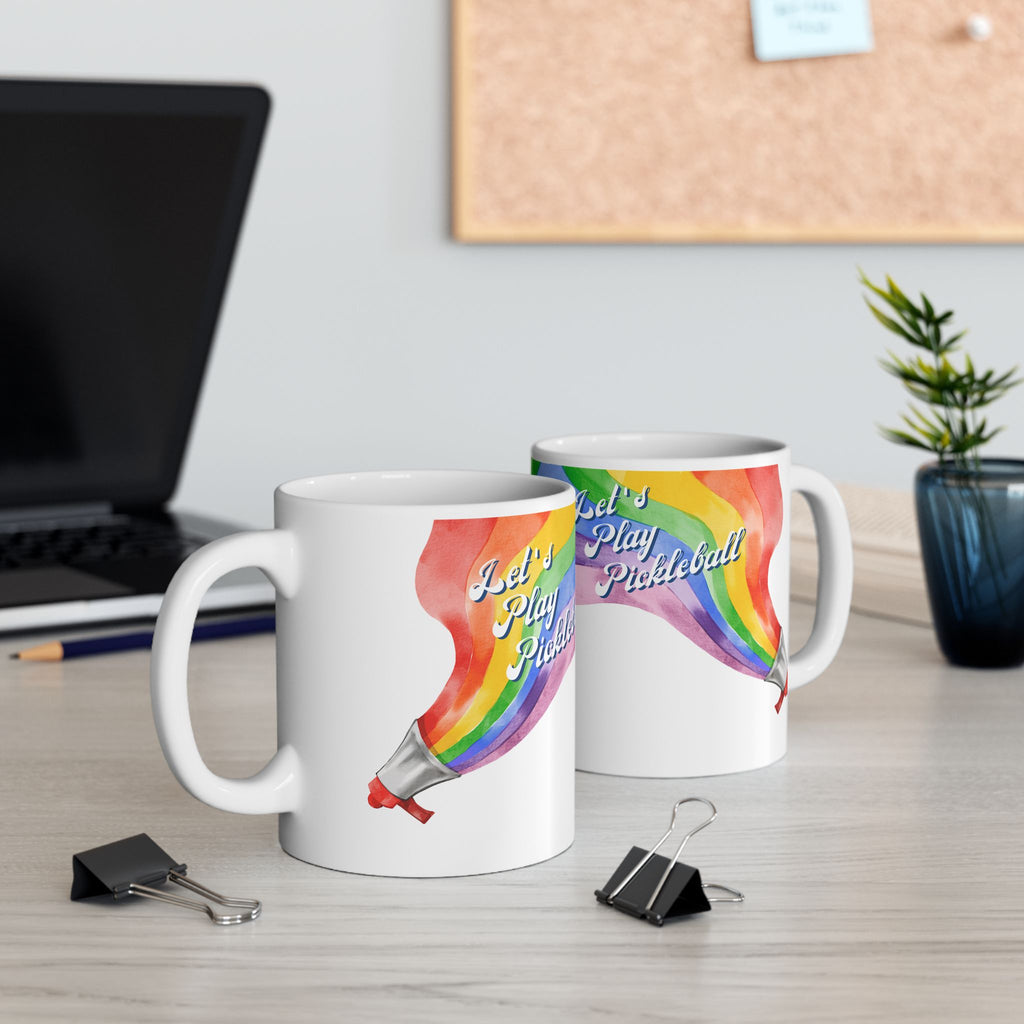 Let's Play Pickleball Ceramic Mug | Loud & Proud Rainbow 11oz and 15oz | Pride ware, LGBTQ2 Player Gift