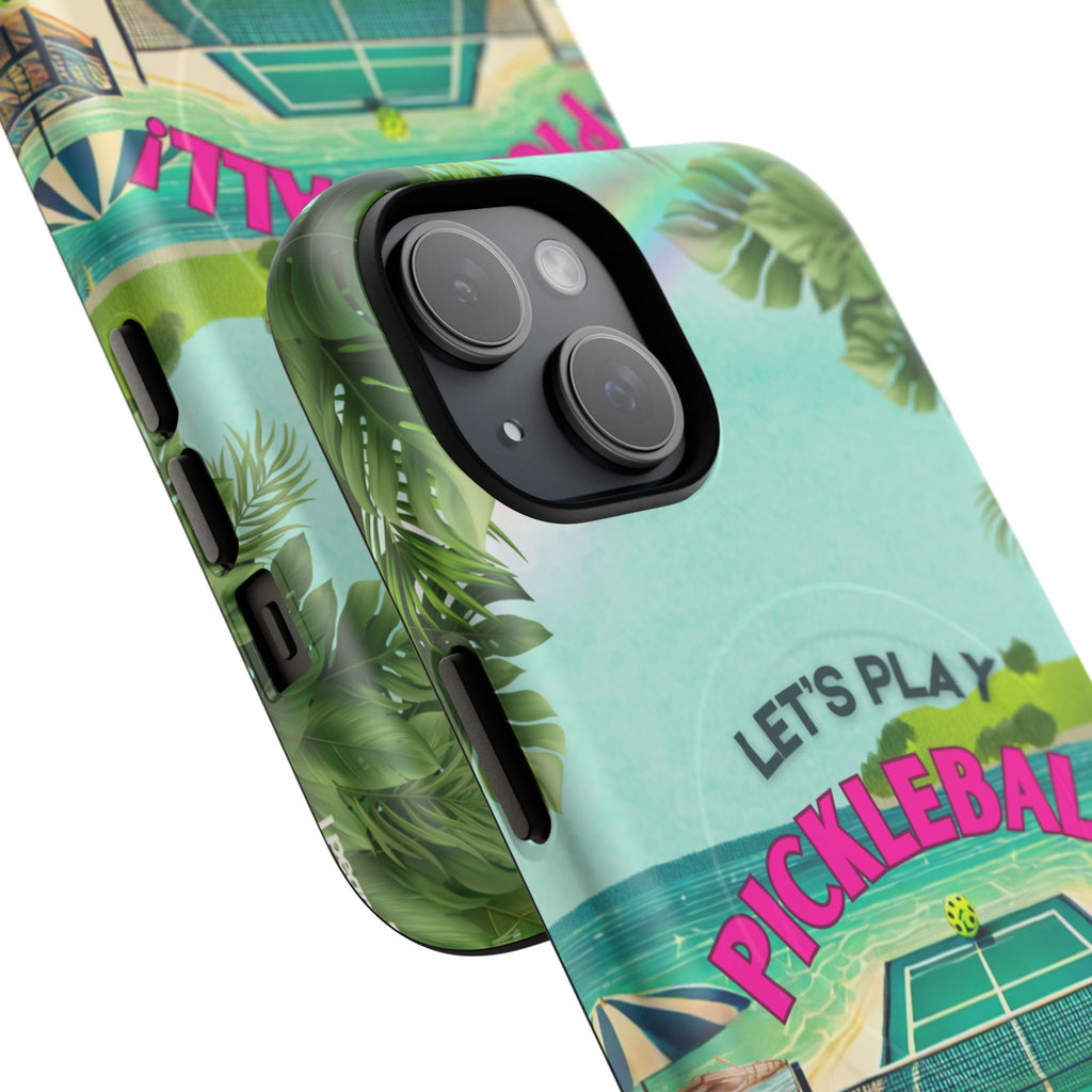 Tough Magnetic Phone Case for iPhone 15 Tropical Pickleball Case Compatible with MagSafe® Wireless Charging, Player Gift