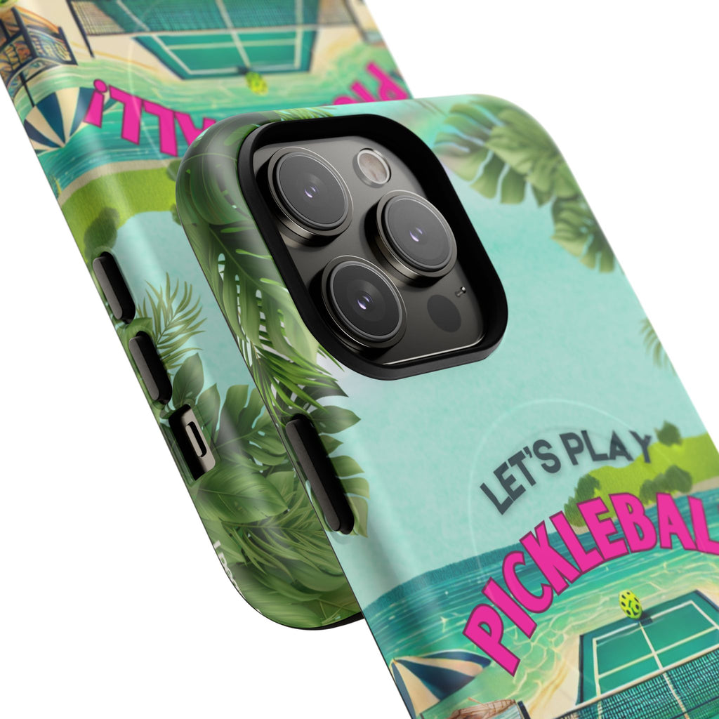 Tough Magnetic Phone Case for iPhone 14, Tropical Pickleball Case Compatible with MagSafe® Wireless Charging Gift for Players