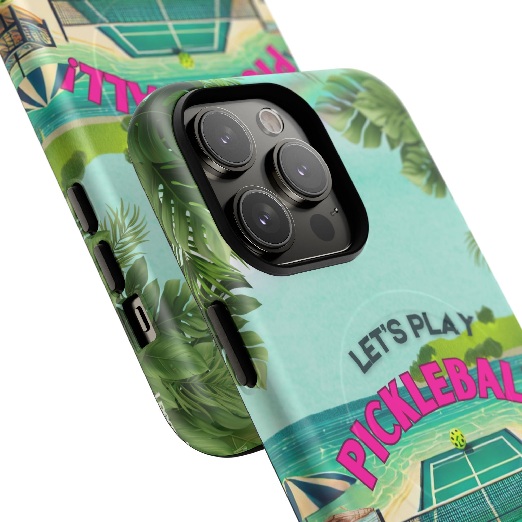 Tough Magnetic Phone Case for iPhone 14, Tropical Pickleball Case Compatible with MagSafe® Wireless Charging Gift for Players