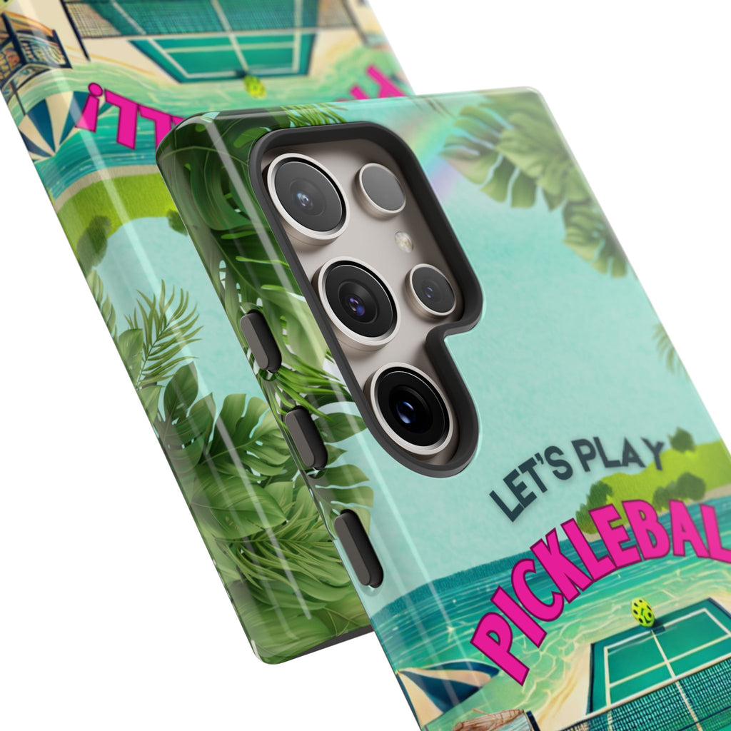 Tough Dual Layer Tropical Pickleball Phone Case for Samsung Galaxy S24 Compatible with Wireless Charging, Gift for Players