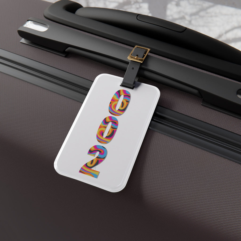 002 Pickleball Luggage Tag | Leather Strap with Buckle | 4 x 2.4 inches | White with Retro Psychedelic Numbers | Court ID