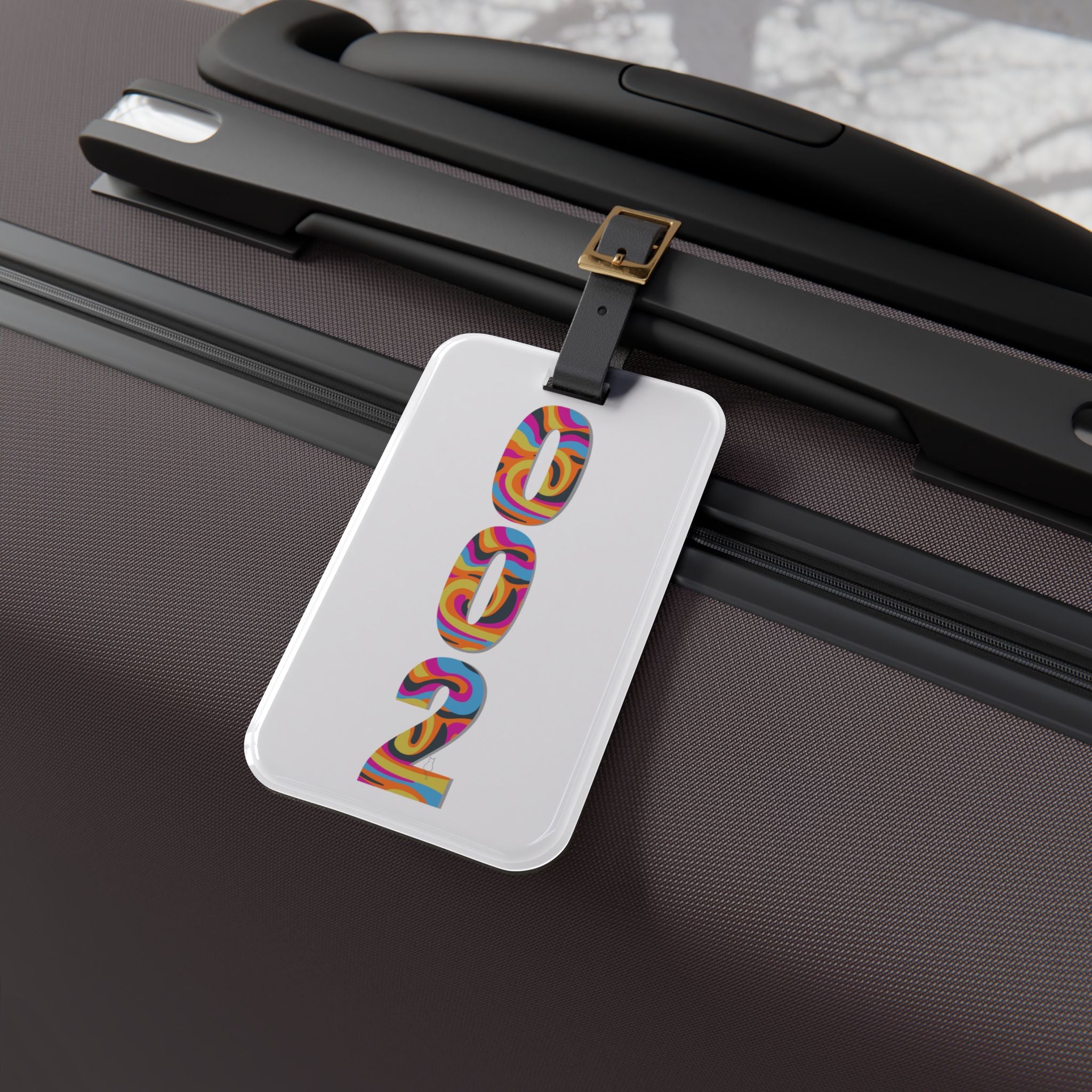 002 Pickleball Luggage Tag | Leather Strap with Buckle | 4 x 2.4 inches | White with Retro Psychedelic Numbers | Court ID