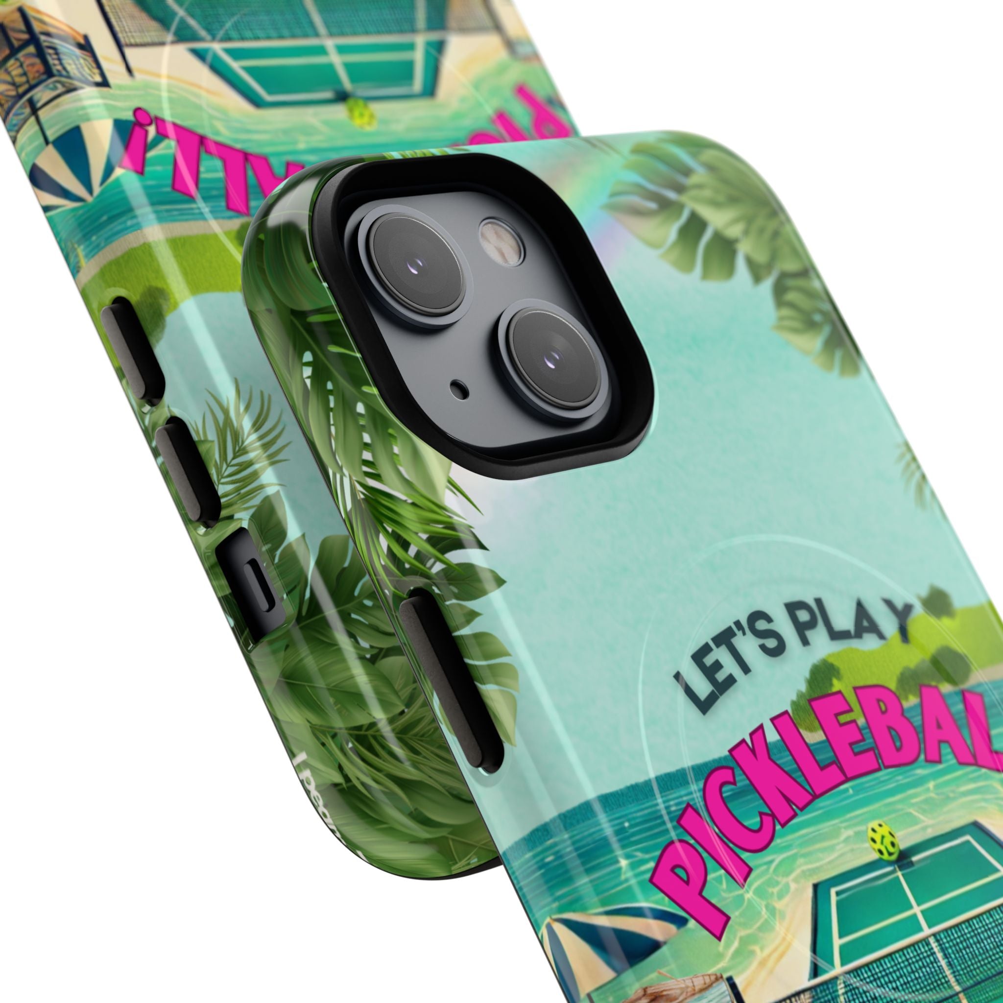 Tough Magnetic Phone Case for iPhone 14, Tropical Pickleball Case Compatible with MagSafe® Wireless Charging Gift for Players