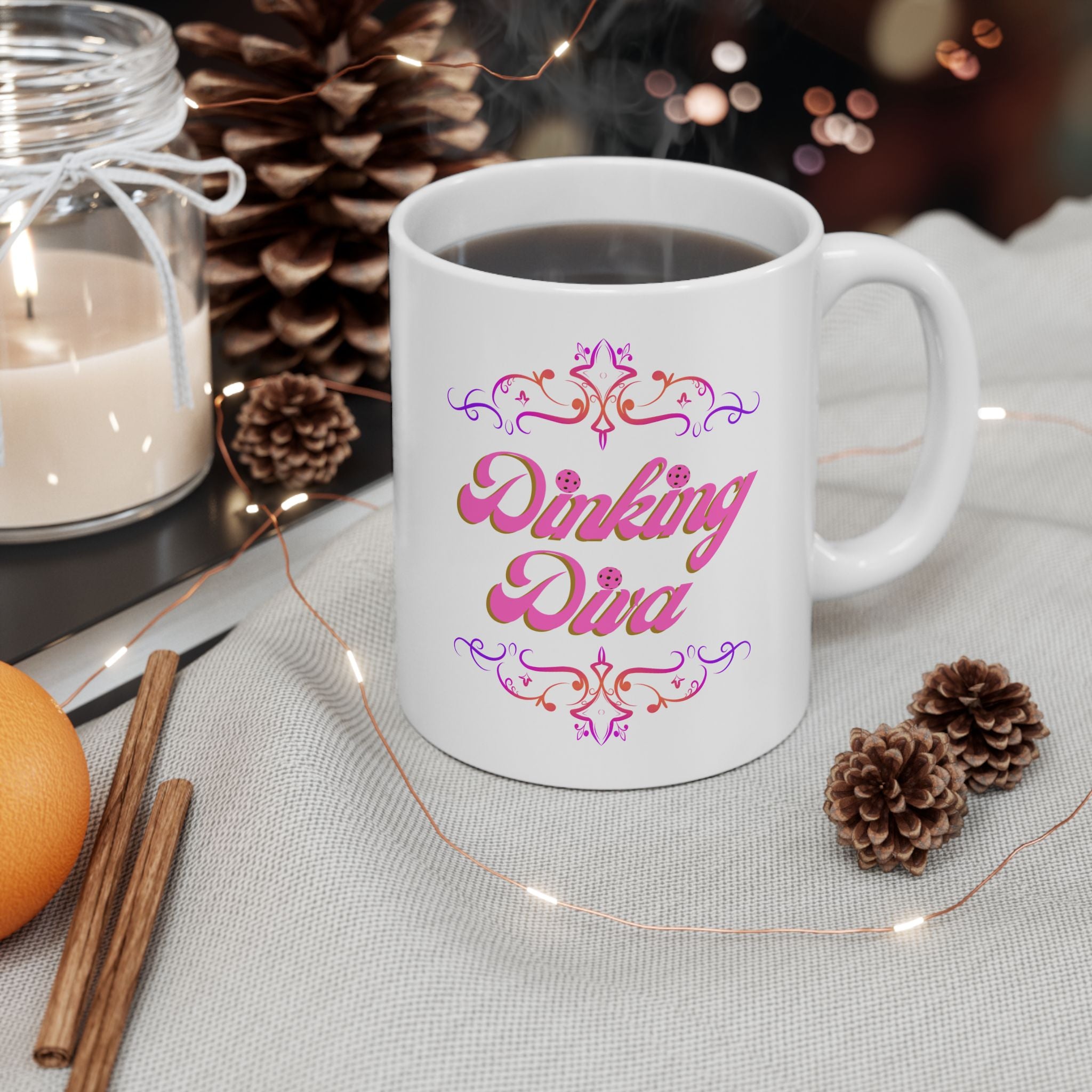 Pickleball Mug, Dinking Diva Ceramic Coffee Cup, Pink Text Dink Game Finesse, Filigree Borders, Dishwasher Microwave Safe,