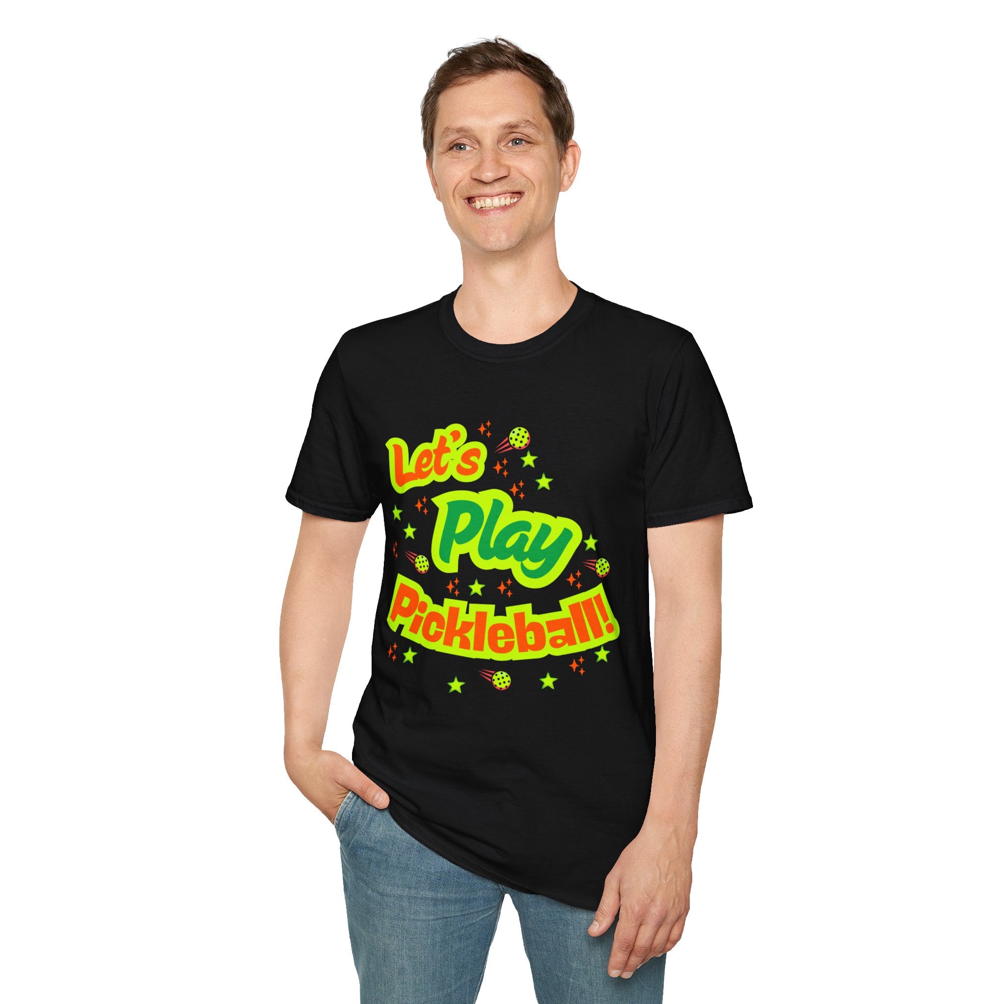 Neon Let's Play Pickleball! T-Shirt | Fun Unisex Cotton Tee | Vibrant Active Sport Graphic Shirt | Gift for Men & Women