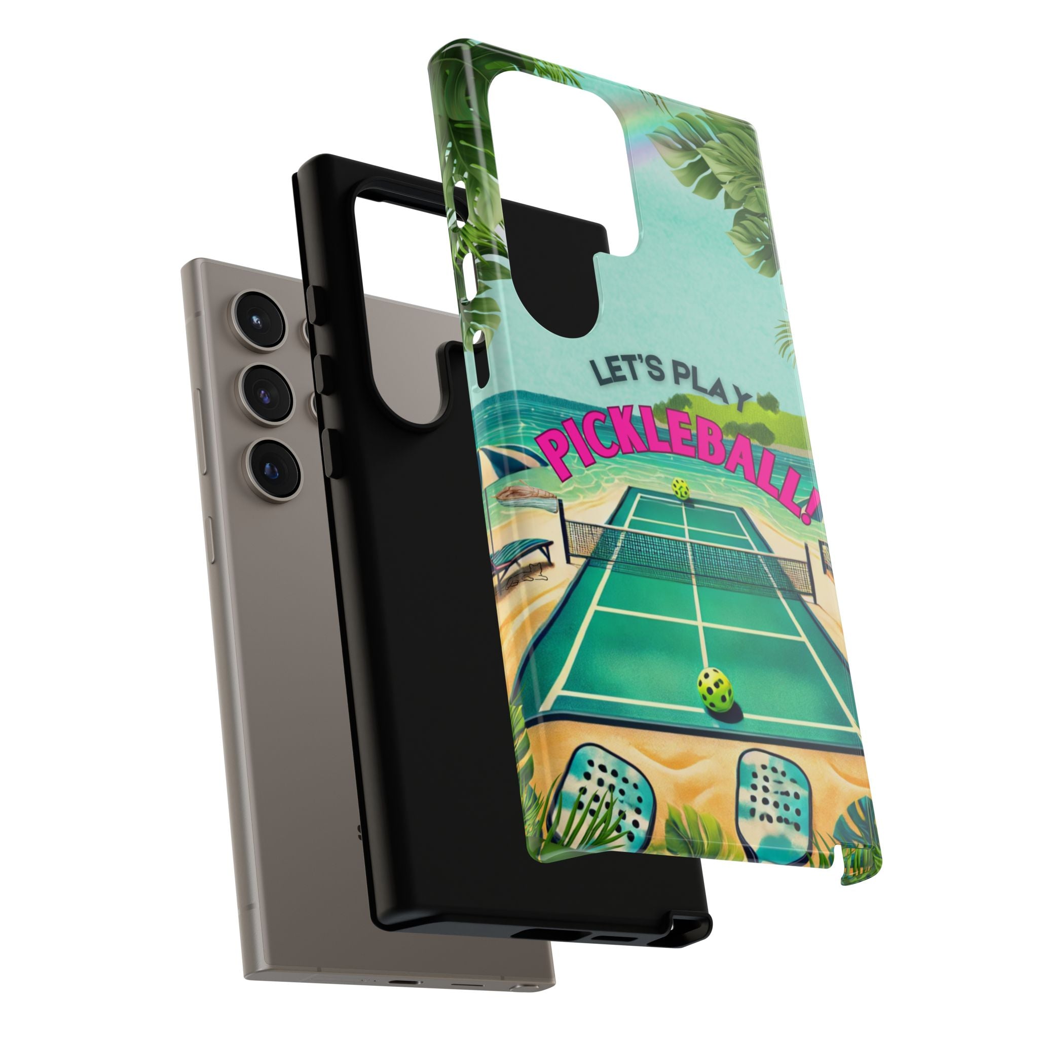 Tough Dual Layer Tropical Pickleball Phone Case for Samsung Galaxy S24 Compatible with Wireless Charging, Gift for Players