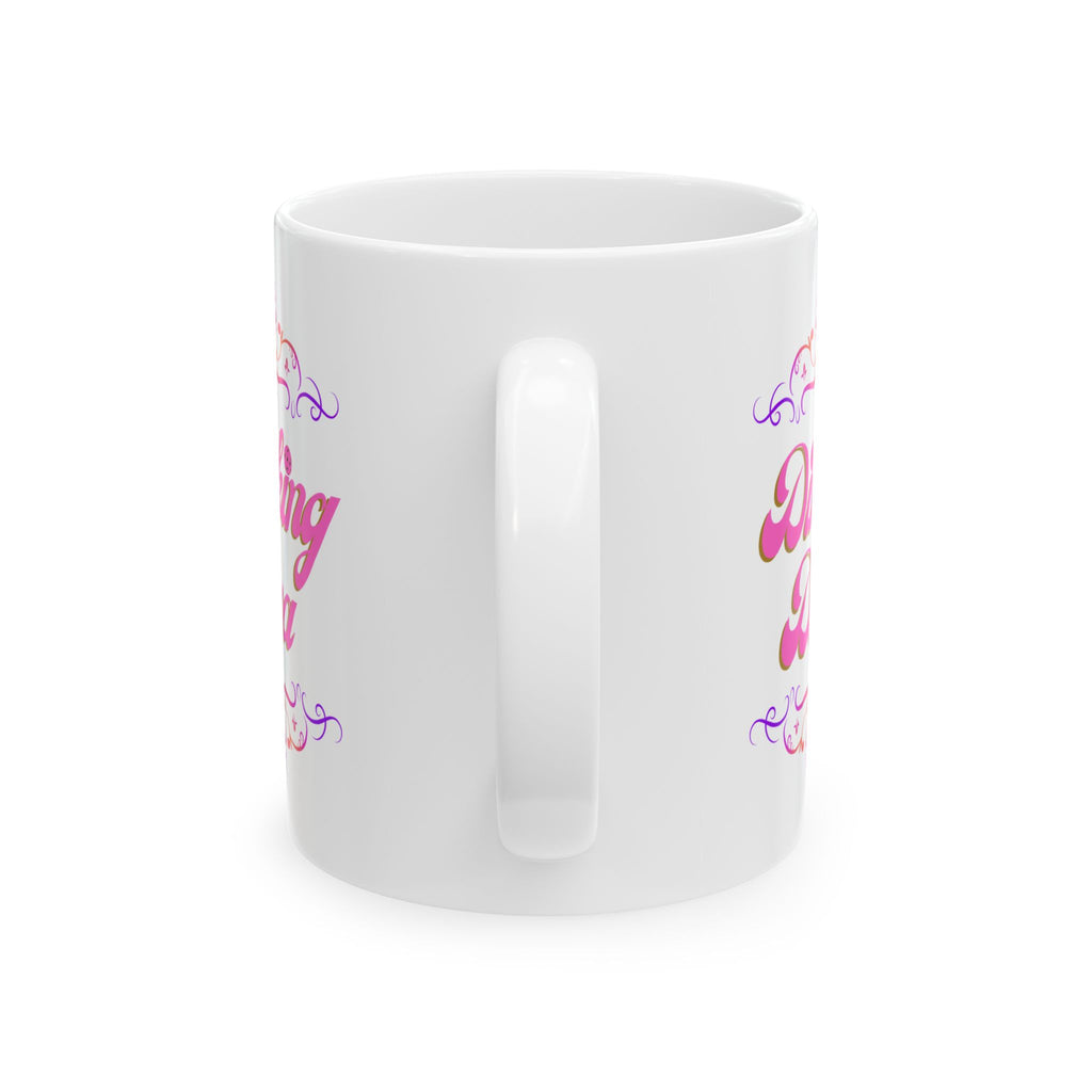 Pickleball Mug, Dinking Diva Ceramic Coffee Cup, Pink Text Dink Game Finesse, Filigree Borders, Dishwasher Microwave Safe,