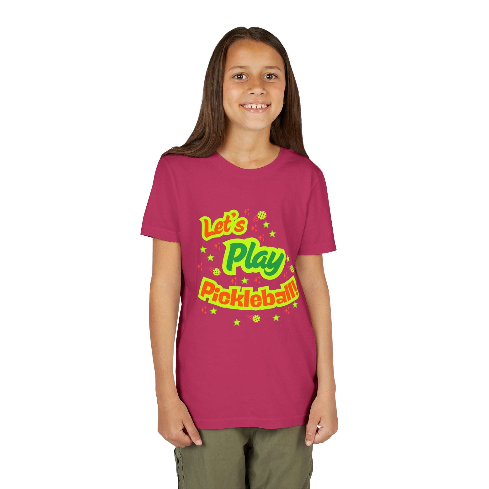 Youth Let’s Play Pickleball  Fun Neon Sports T-shirt for Kids  Colorful Pickleball Shirt for Boys & Girls, Soft & Comfy