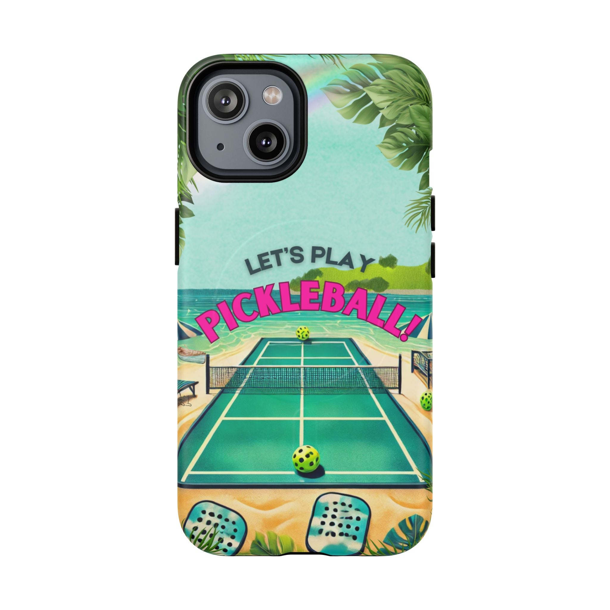 Tough Magnetic Phone Case for iPhone 14, Tropical Pickleball Case Compatible with MagSafe® Wireless Charging Gift for Players