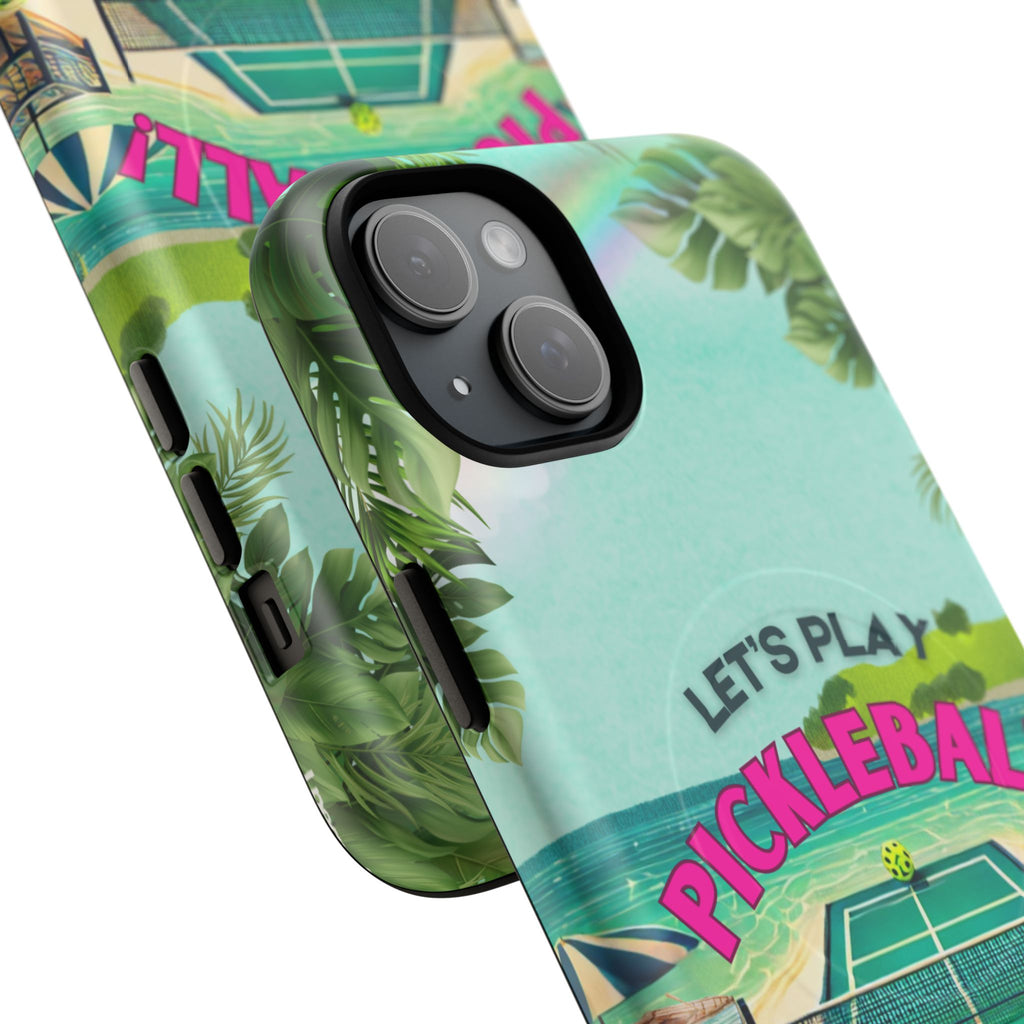 Tough Magnetic Phone Case for iPhone 15 Tropical Pickleball Case Compatible with MagSafe® Wireless Charging, Player Gift