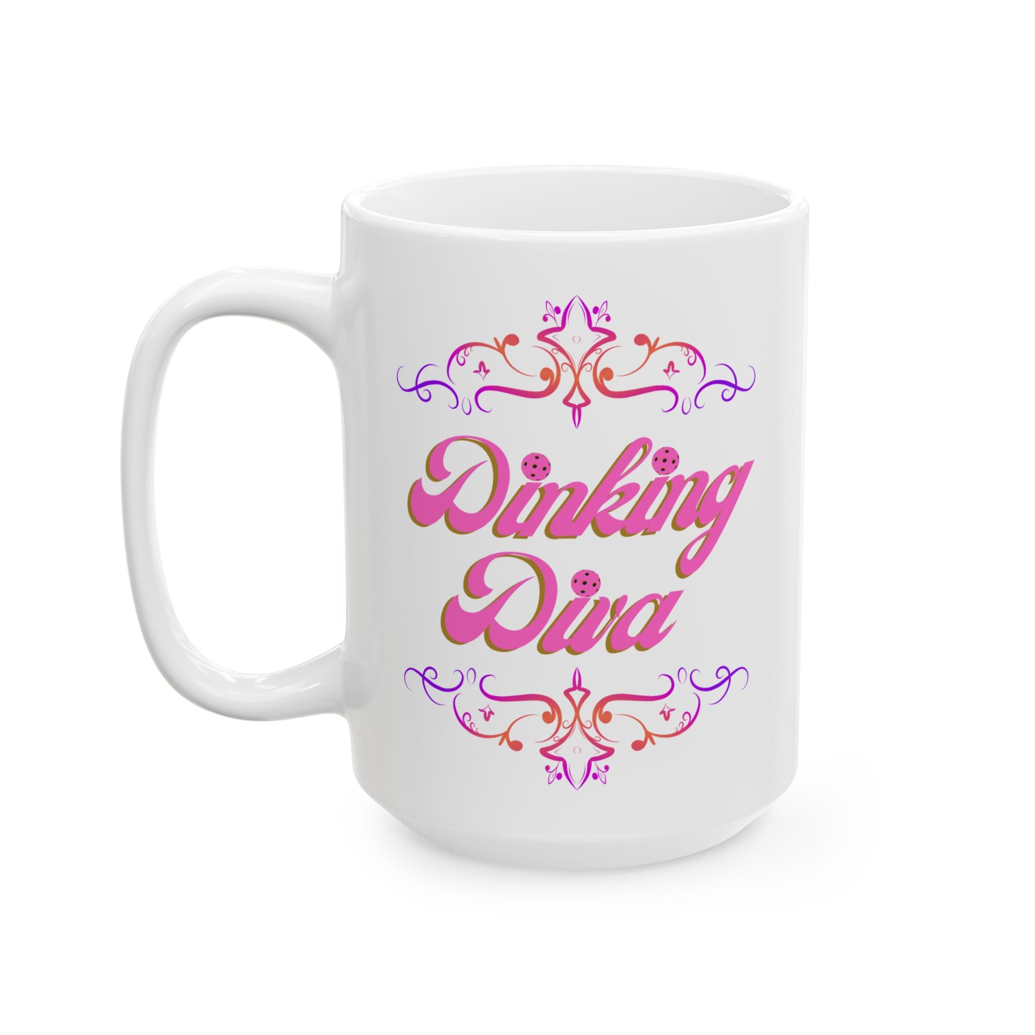Pickleball Mug, Dinking Diva Ceramic Coffee Cup, Pink Text Dink Game Finesse, Filigree Borders, Dishwasher Microwave Safe,