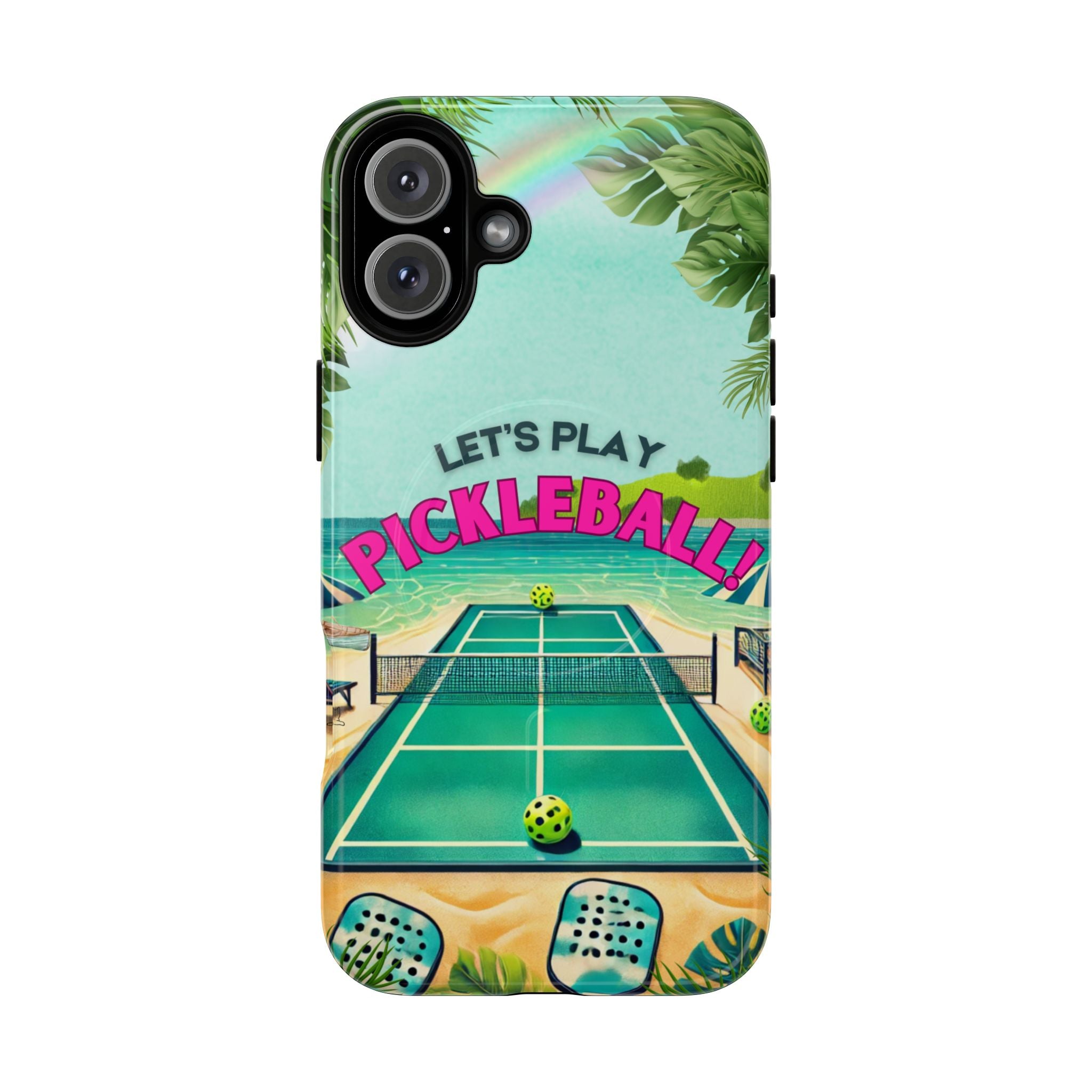 Tough Magnetic Phone Case for iPhone 16 Tropical Pickleball Case Compatible with MagSafe® Wireless Charging, Player Gift