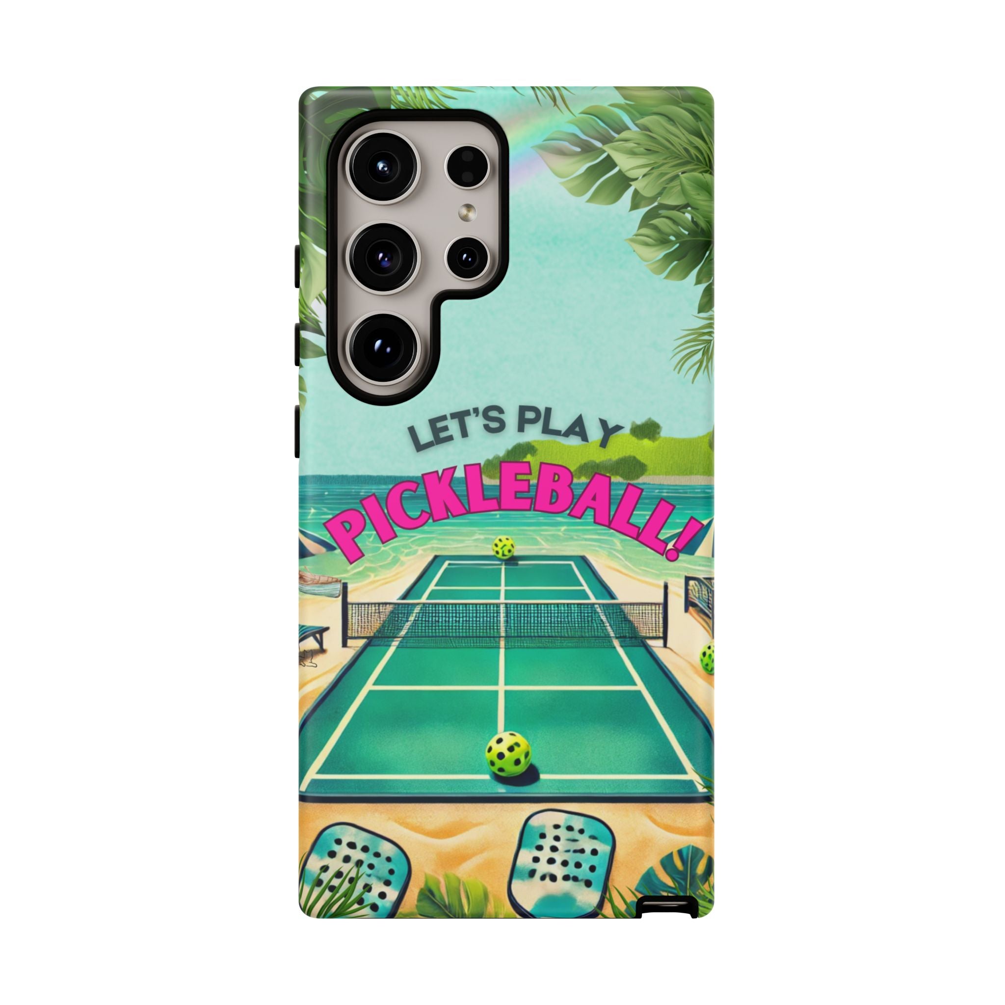 Tough Dual Layer Tropical Pickleball Phone Case for Samsung Galaxy S24 Compatible with Wireless Charging, Gift for Players