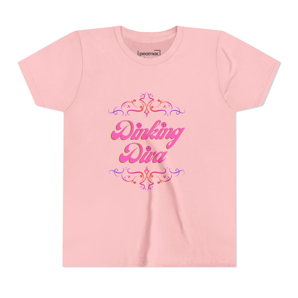 Dinking Diva Fun Youth Kids T-Shirt for Pickleball, Parties, Birthdays, and Everyday Wear, Pink Lettering, Gift for Girls