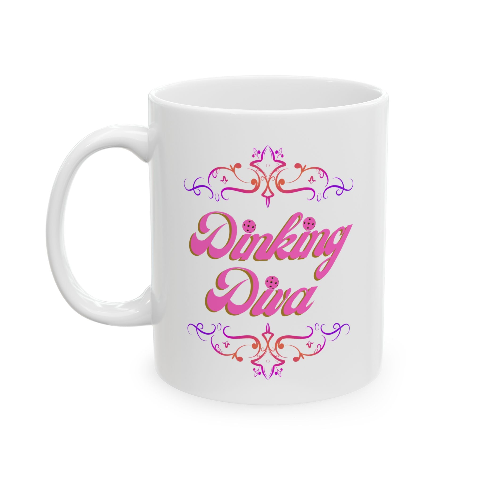 Pickleball Mug, Dinking Diva Ceramic Coffee Cup, Pink Text Dink Game Finesse, Filigree Borders, Dishwasher Microwave Safe,
