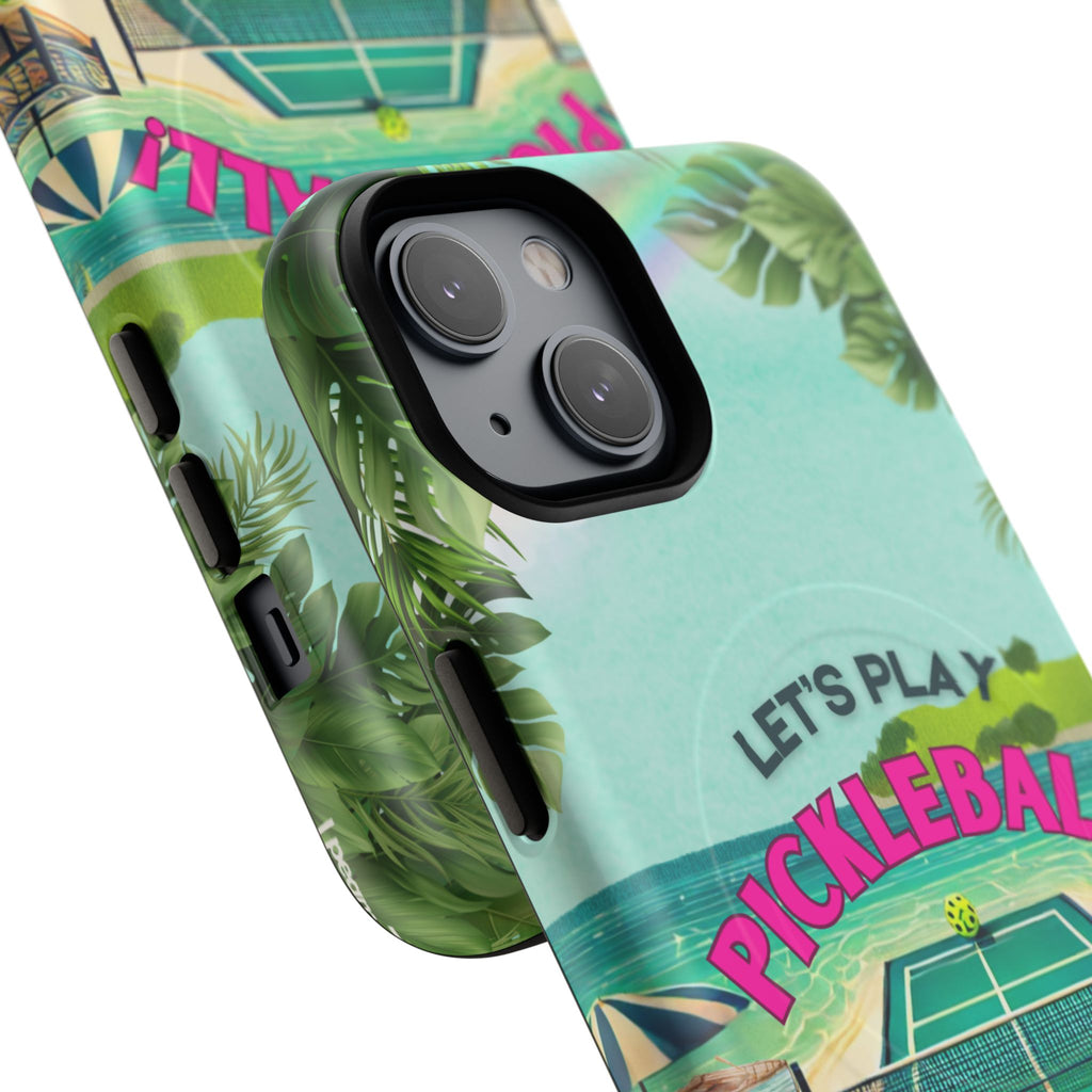 Tough Magnetic Phone Case for iPhone 14, Tropical Pickleball Case Compatible with MagSafe® Wireless Charging Gift for Players