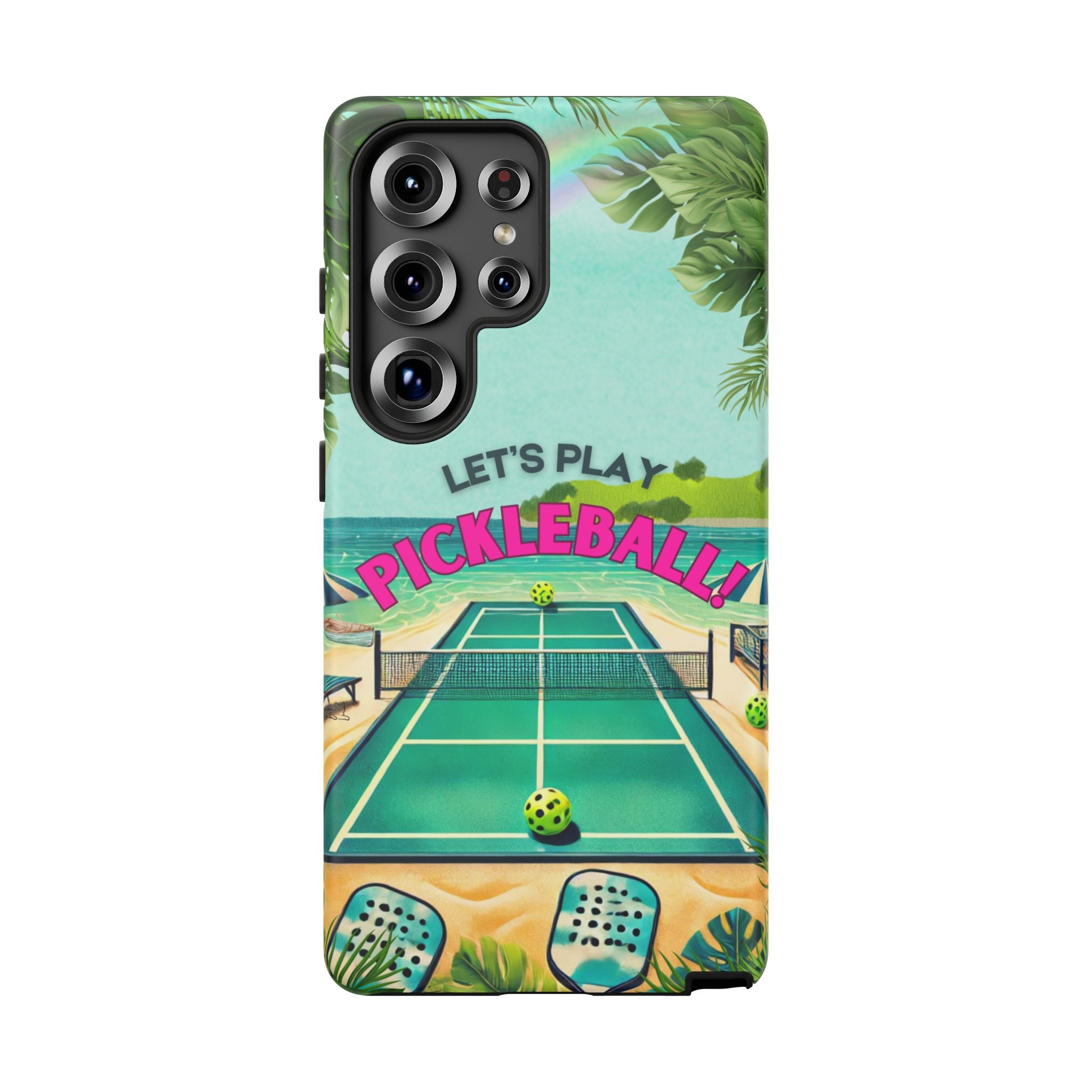Tough Dual Layer Phone Case for Samsung Galaxy S25 Tropical Pickleball Case Supports Wireless Charging, Gift for Players