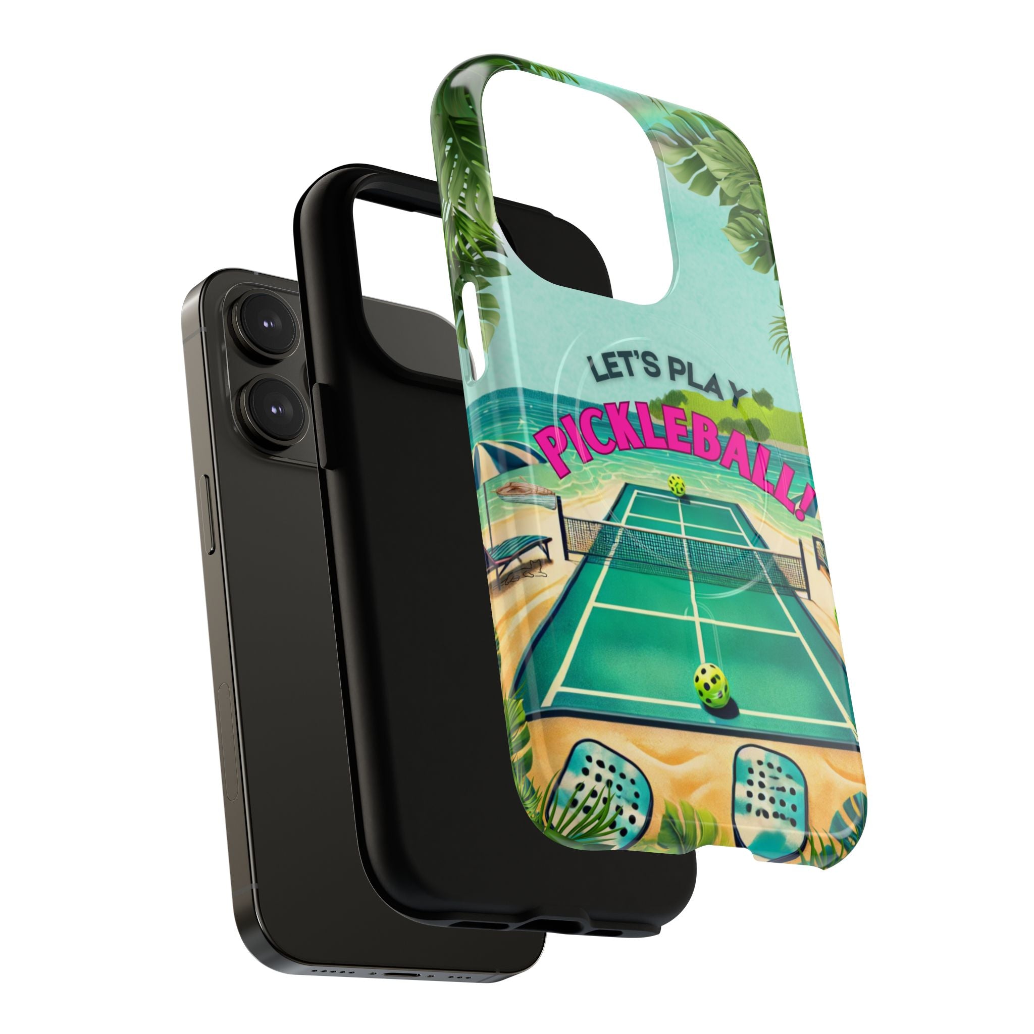 Tough Magnetic Phone Case for iPhone 14, Tropical Pickleball Case Compatible with MagSafe® Wireless Charging Gift for Players