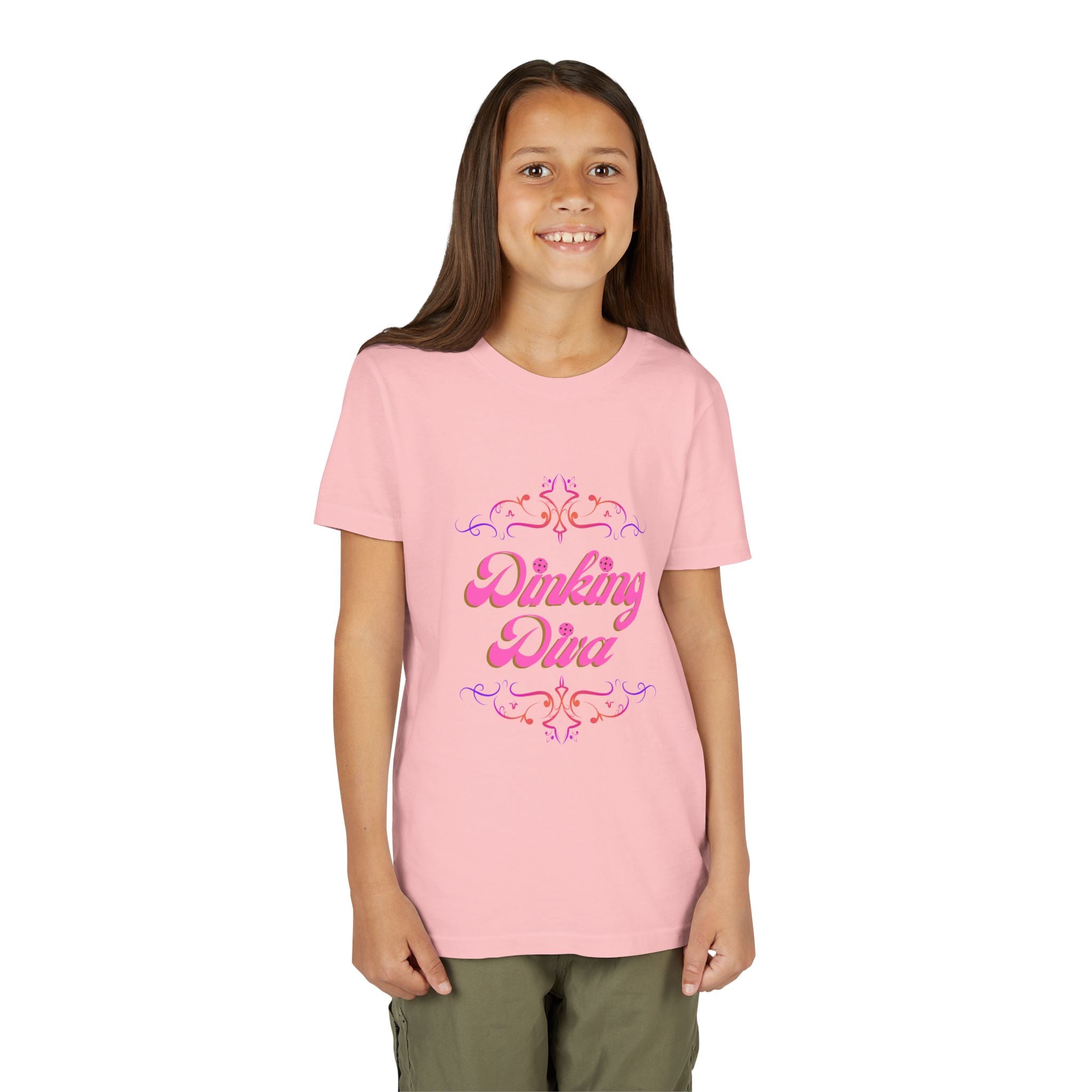 Dinking Diva Fun Youth Kids T-Shirt for Pickleball, Parties, Birthdays, and Everyday Wear, Pink Lettering, Gift for Girls