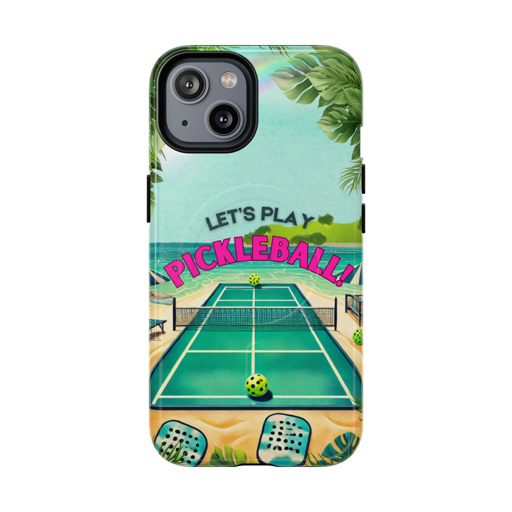 Tough Magnetic Phone Case for iPhone 14, Tropical Pickleball Case Compatible with MagSafe® Wireless Charging Gift for Players