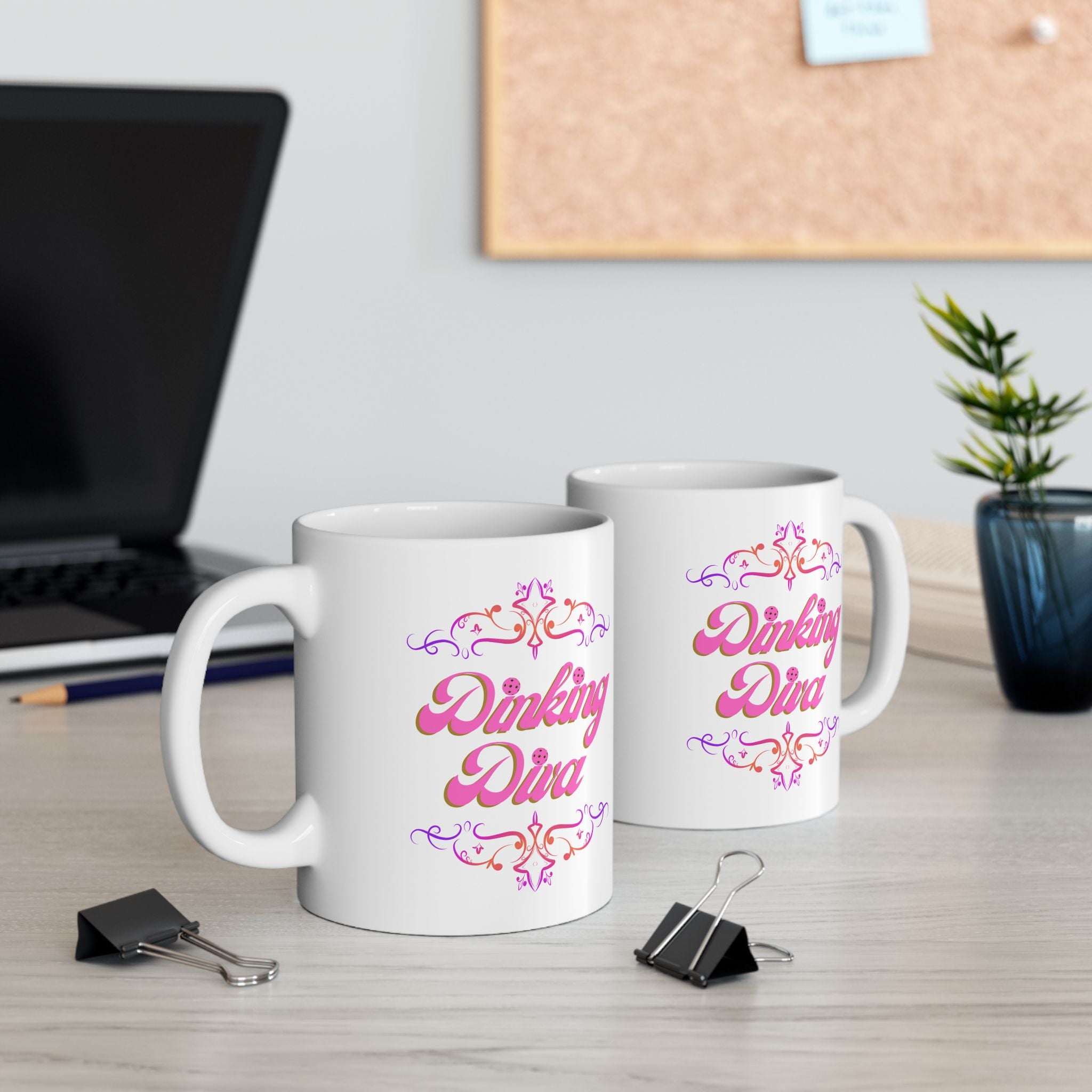 Pickleball Mug, Dinking Diva Ceramic Coffee Cup, Pink Text Dink Game Finesse, Filigree Borders, Dishwasher Microwave Safe,