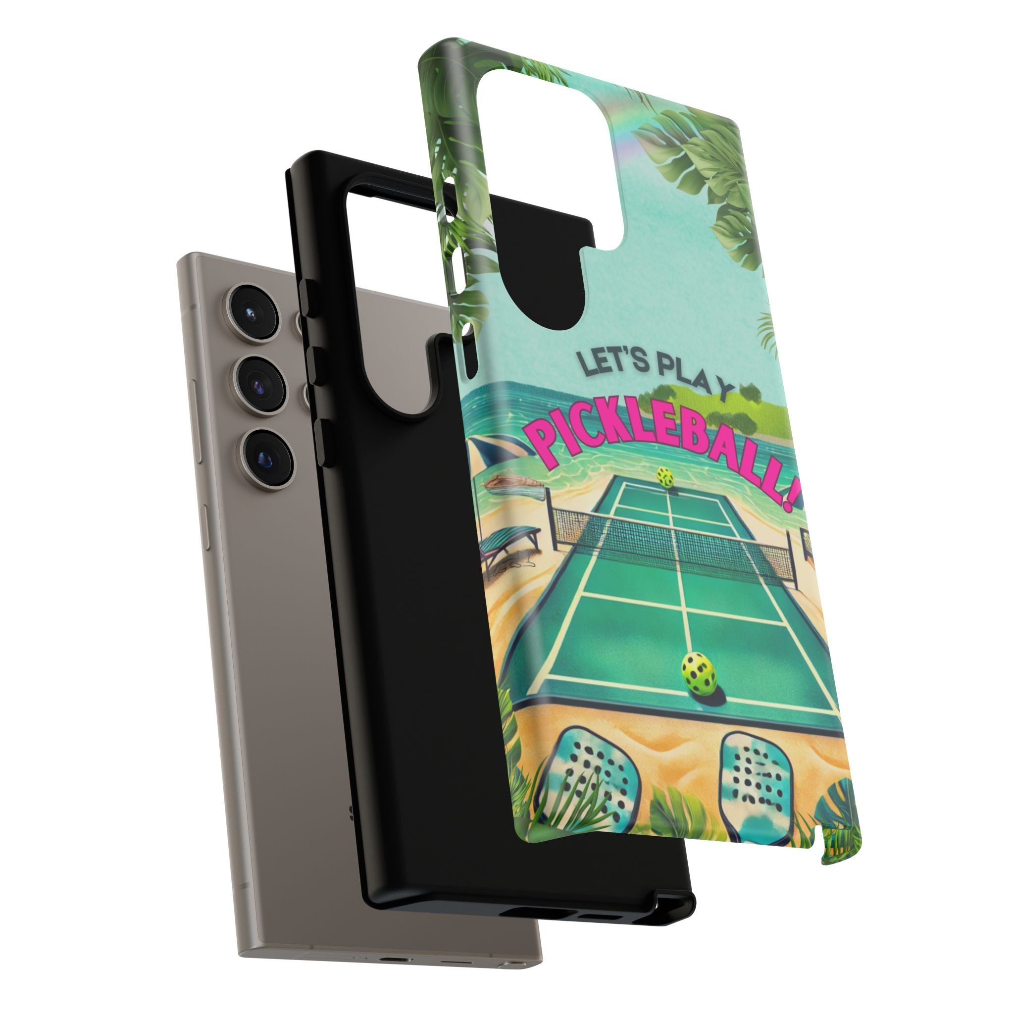 Tough Dual Layer Tropical Pickleball Phone Case for Samsung Galaxy S24 Compatible with Wireless Charging, Gift for Players