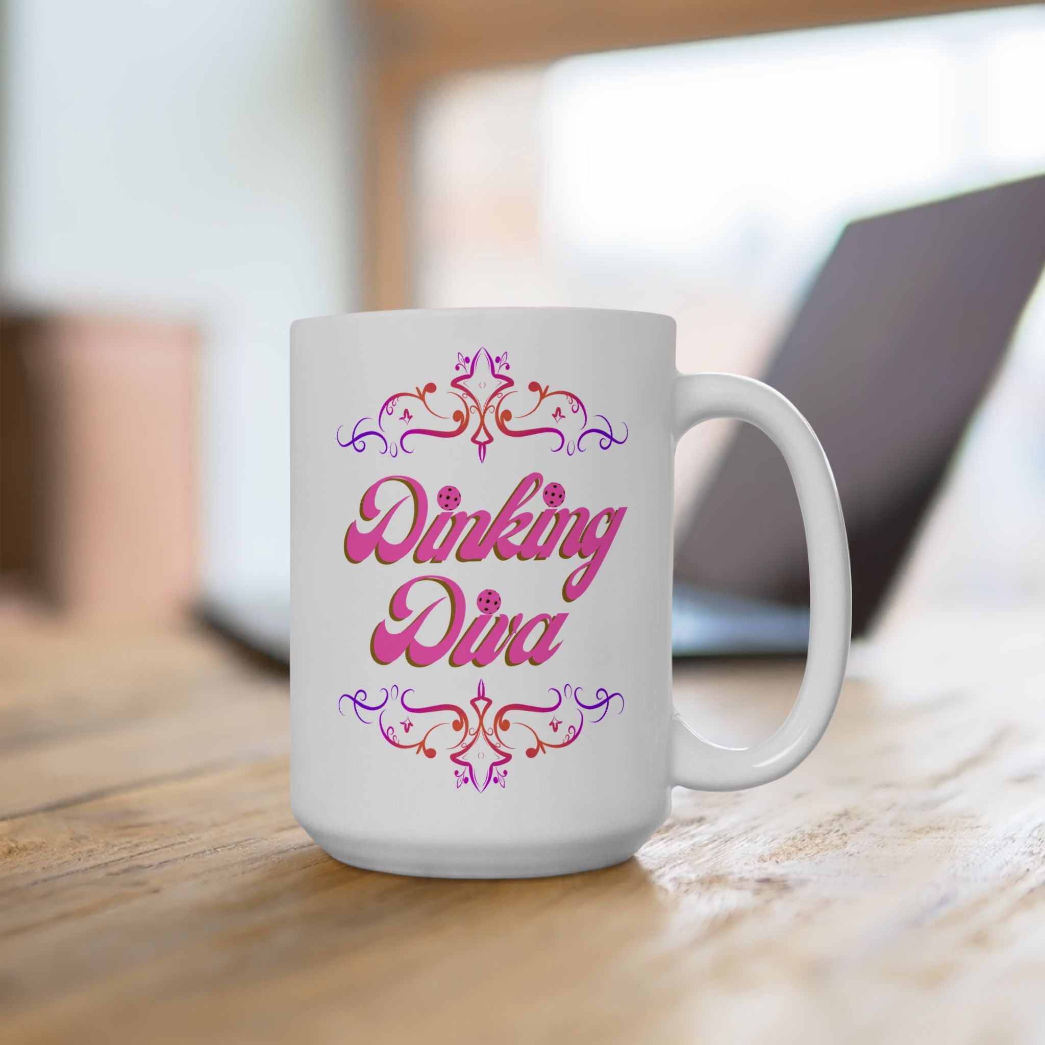 Pickleball Mug, Dinking Diva Ceramic Coffee Cup, Pink Text Dink Game Finesse, Filigree Borders, Dishwasher Microwave Safe,