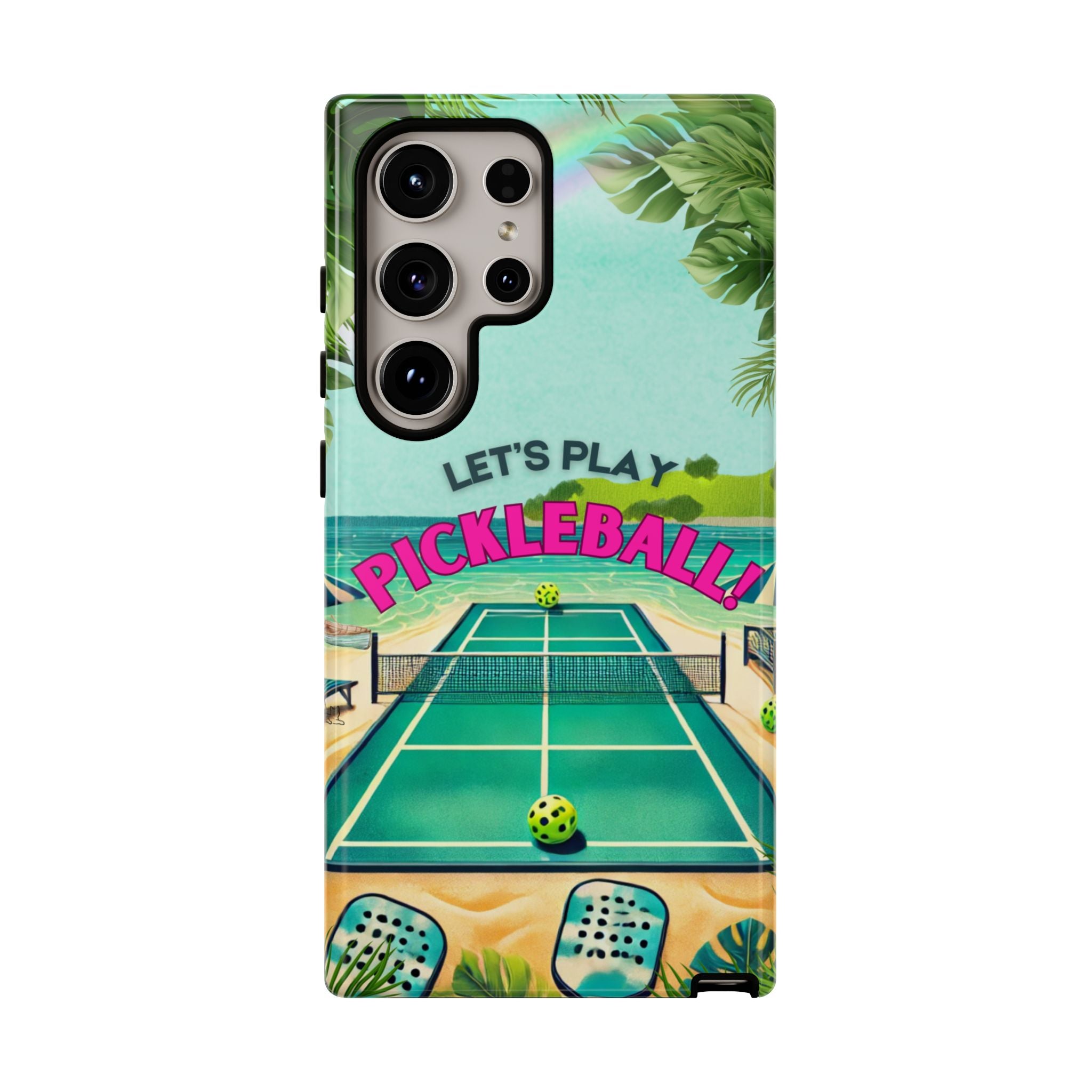 Tough Dual Layer Tropical Pickleball Phone Case for Samsung Galaxy S24 Compatible with Wireless Charging, Gift for Players