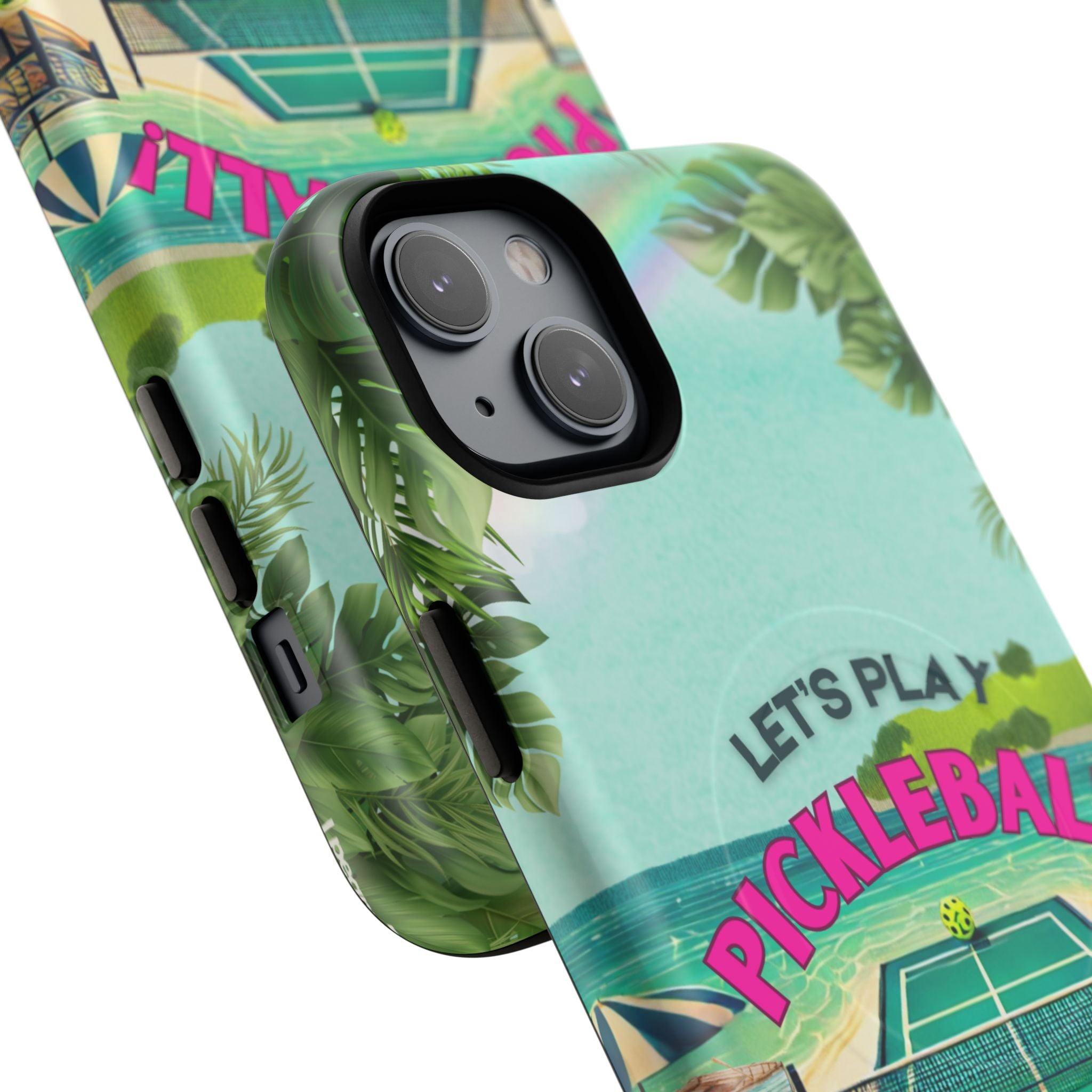 Tough Magnetic Phone Case for iPhone 14, Tropical Pickleball Case Compatible with MagSafe® Wireless Charging Gift for Players
