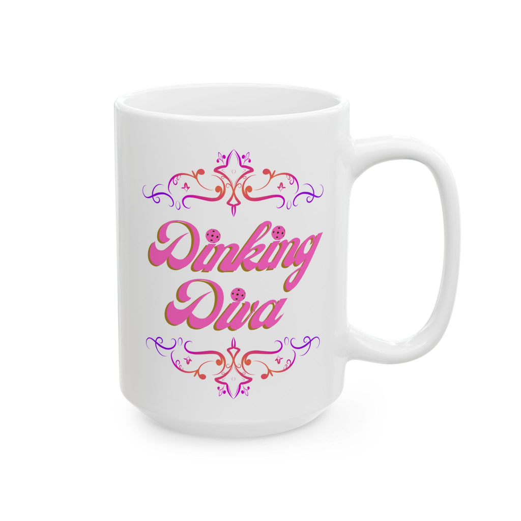 Pickleball Mug, Dinking Diva Ceramic Coffee Cup, Pink Text Dink Game Finesse, Filigree Borders, Dishwasher Microwave Safe,