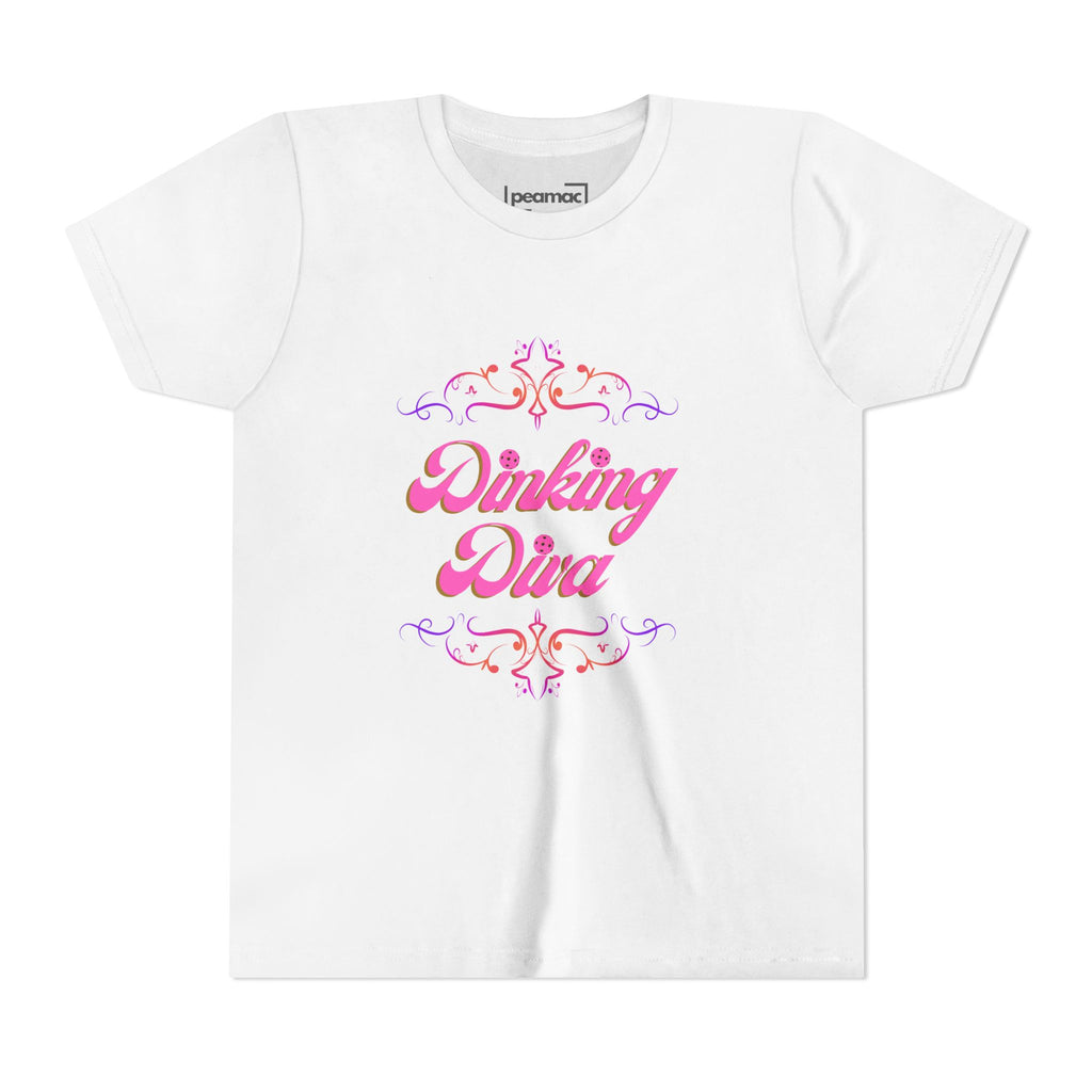 Dinking Diva Fun Youth Kids T-Shirt for Pickleball, Parties, Birthdays, and Everyday Wear, Pink Lettering, Gift for Girls