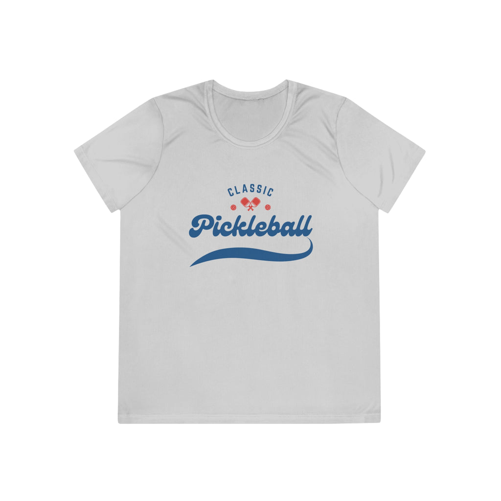 Women's Moisture Wicking Performance Pickleball T-Shirt, Classic Red & Blue Retro Design, Gift for Players