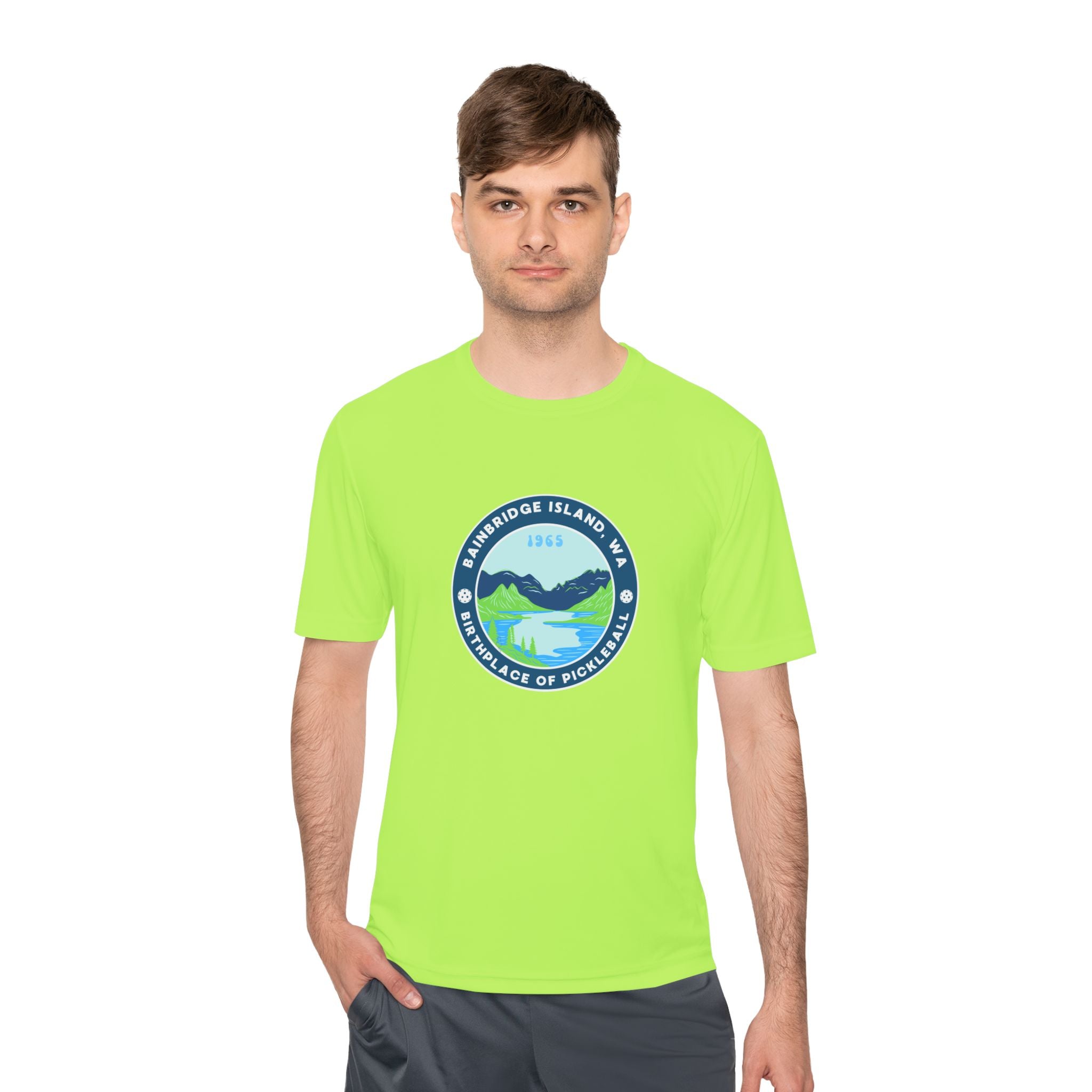 Bainbridge Island WA Birthplace of Pickleball T-Shirt | Moisture Wicking Unisex Tee for Men & Women | Gift for Players
