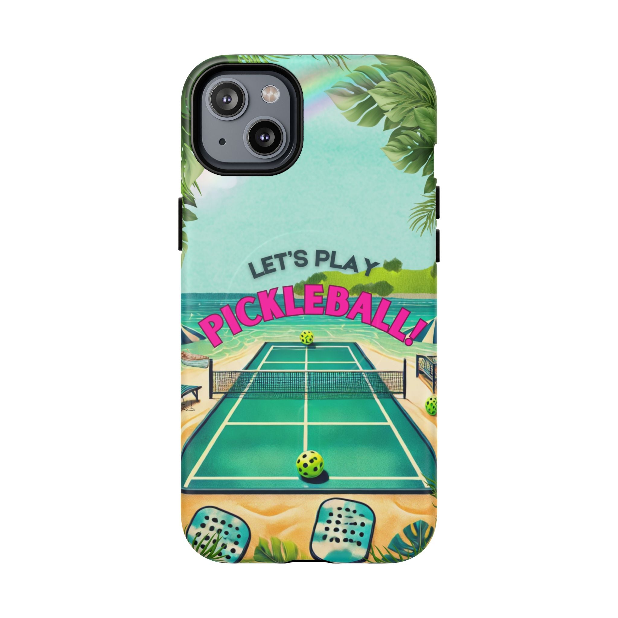 Tough Magnetic Phone Case for iPhone 14, Tropical Pickleball Case Compatible with MagSafe® Wireless Charging Gift for Players