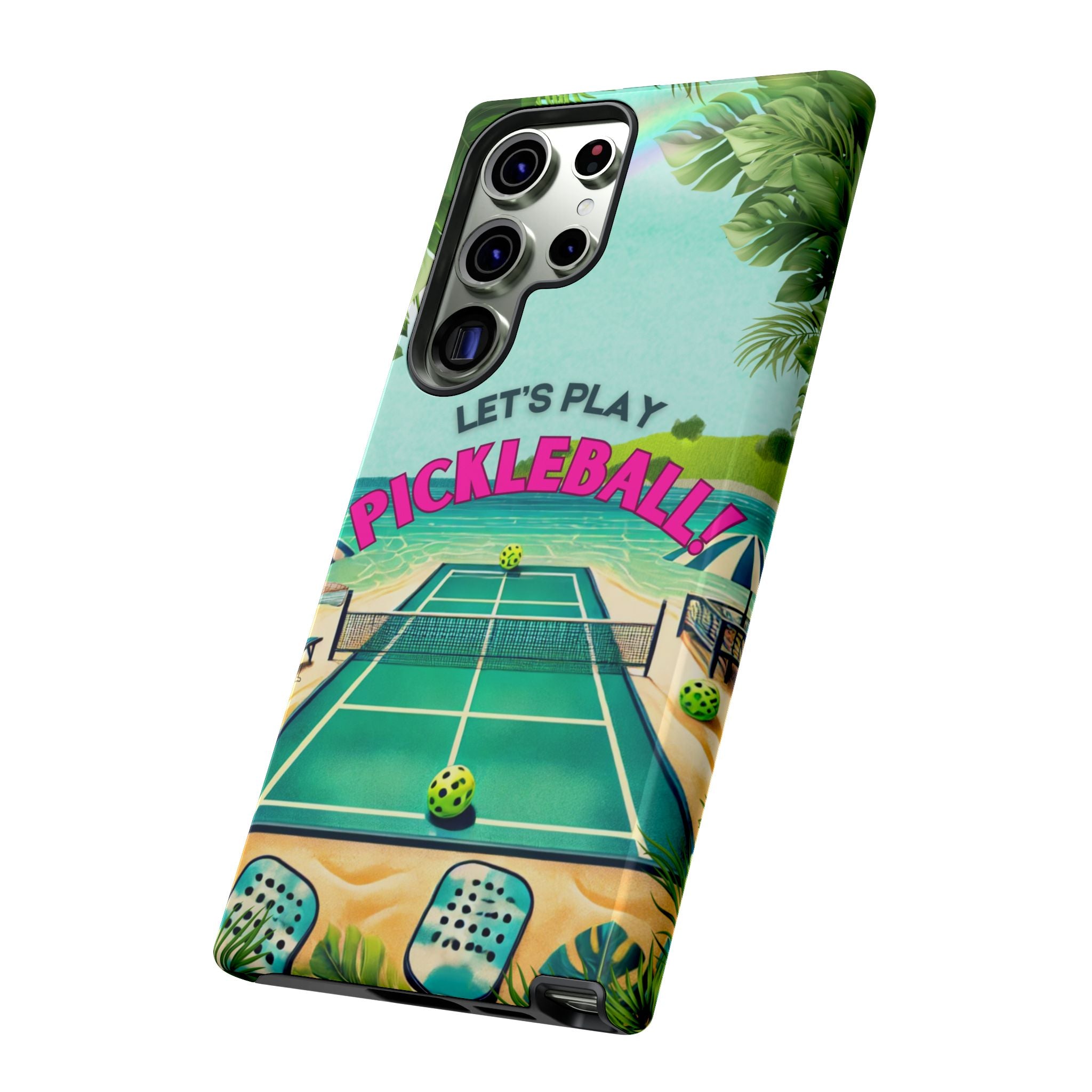 Tough Dual Layer Phone Case for Samsung Galaxy S23 Tropical Pickleball Case Supports Wireless Charging, Gift for Players