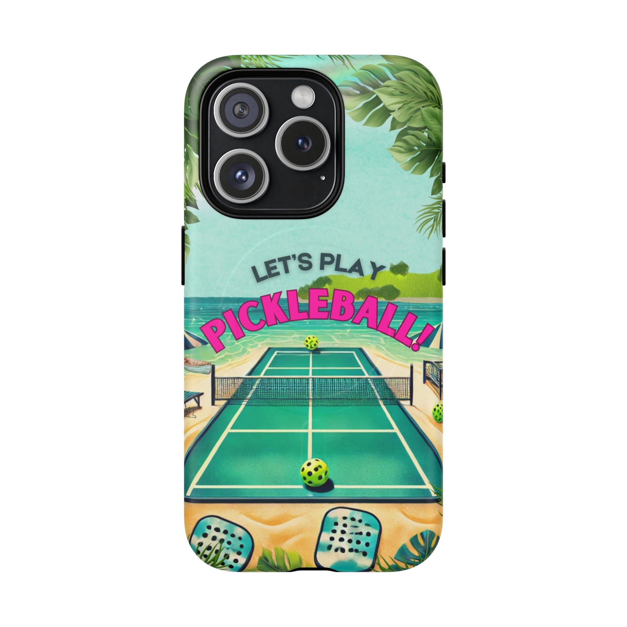 Tough Magnetic Phone Case for iPhone 15 Tropical Pickleball Case Compatible with MagSafe® Wireless Charging, Player Gift