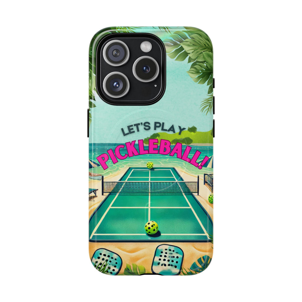 Tough Magnetic Phone Case for iPhone 15 Tropical Pickleball Case Compatible with MagSafe® Wireless Charging, Player Gift
