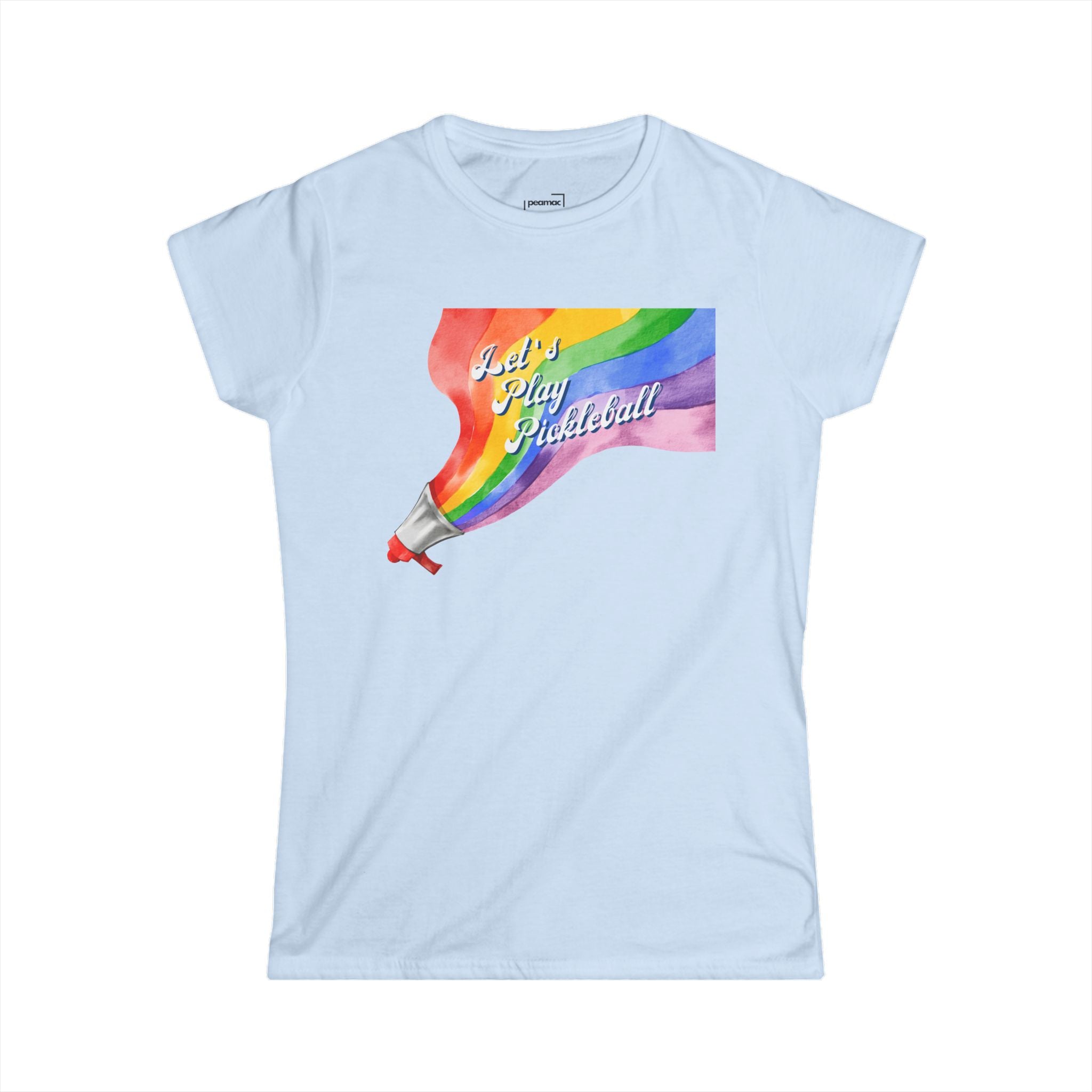 Shout It Out Proud – Let’s Play Pickleball Women's Softstyle T-Shirt, LGBTQ+ Rainbow Megaphone Design, Inclusive