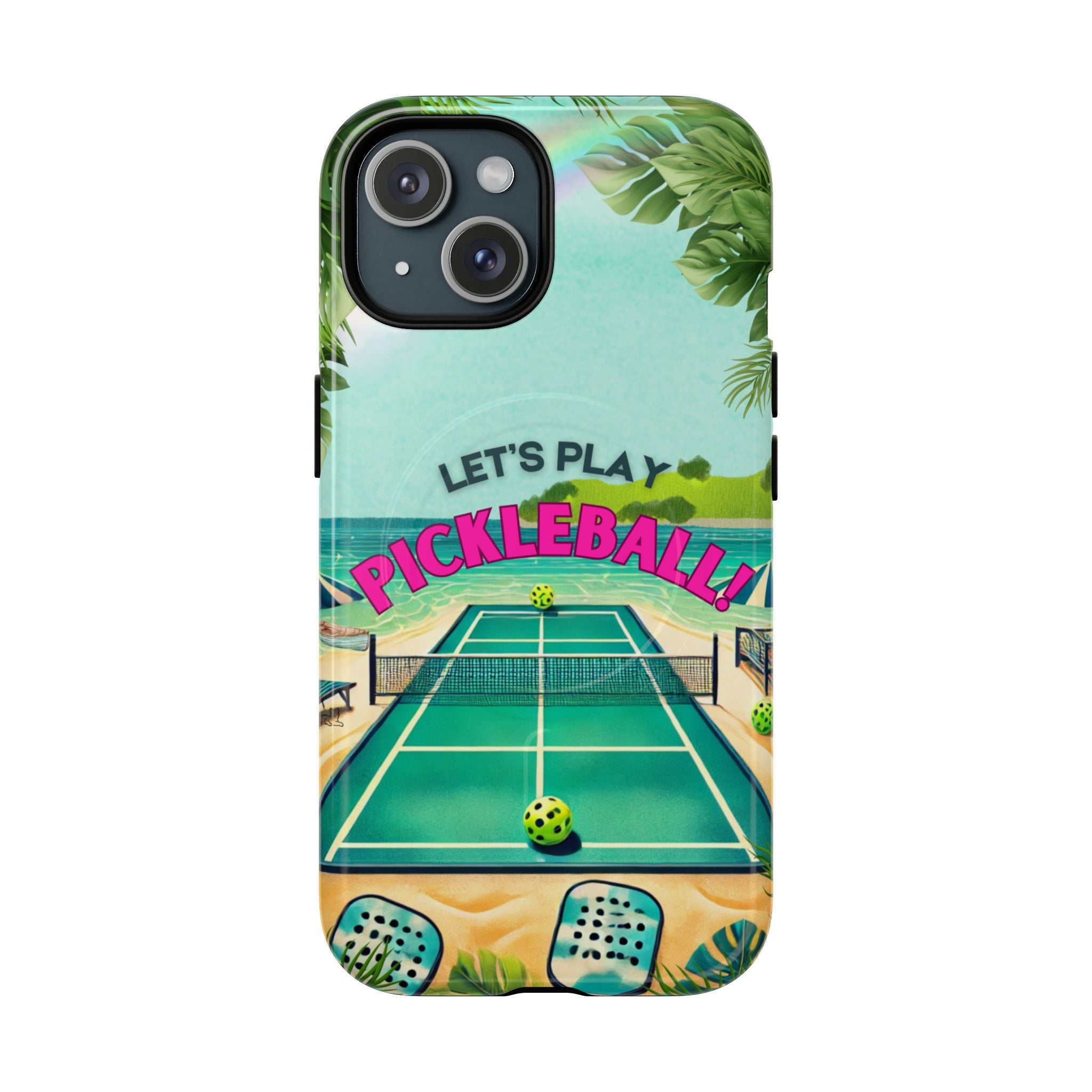Tough Magnetic Phone Case for iPhone 15 Tropical Pickleball Case Compatible with MagSafe® Wireless Charging, Player Gift